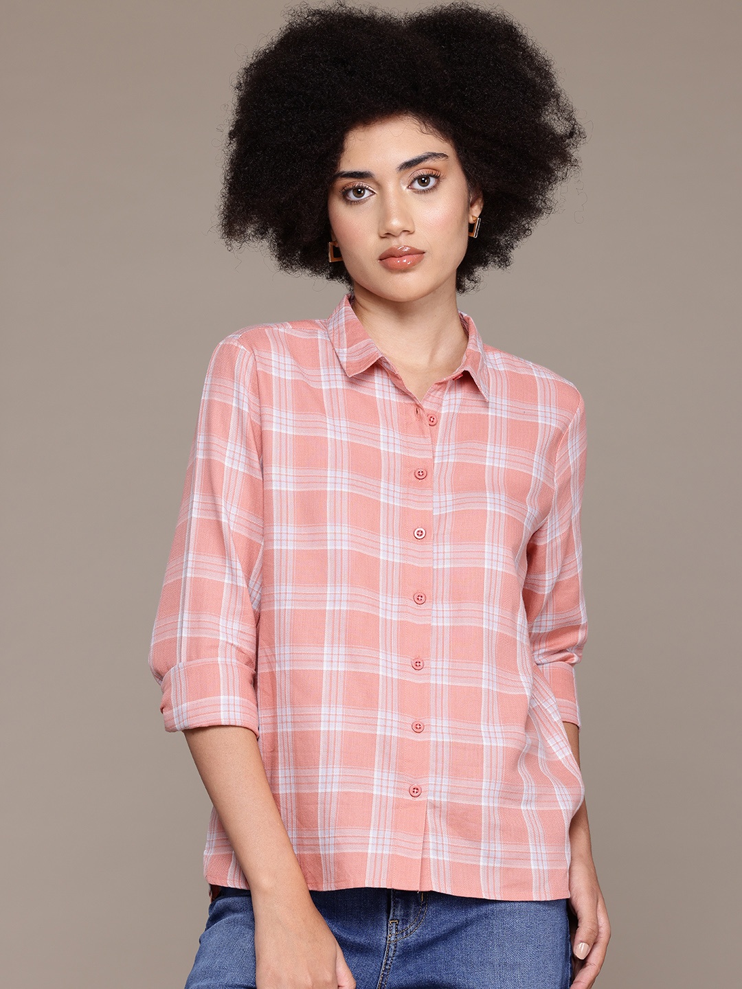 

The Roadster Lifestyle Co. Longline Checked Casual Shirt, Peach