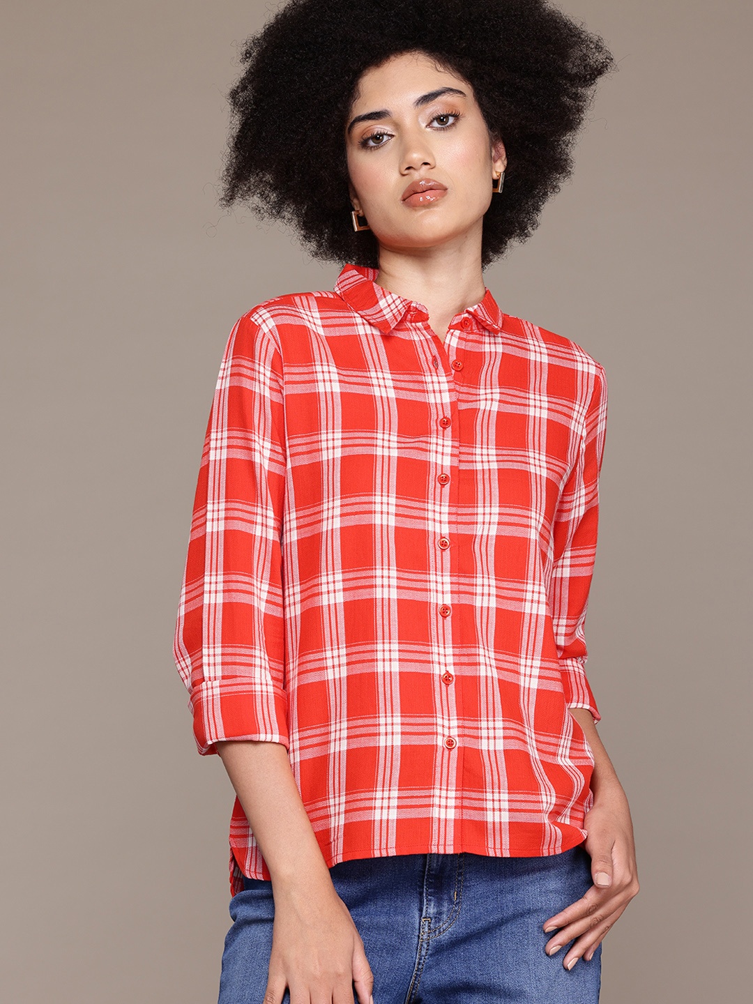 

The Roadster Lifestyle Co. Longline Checked Casual Shirt, Red