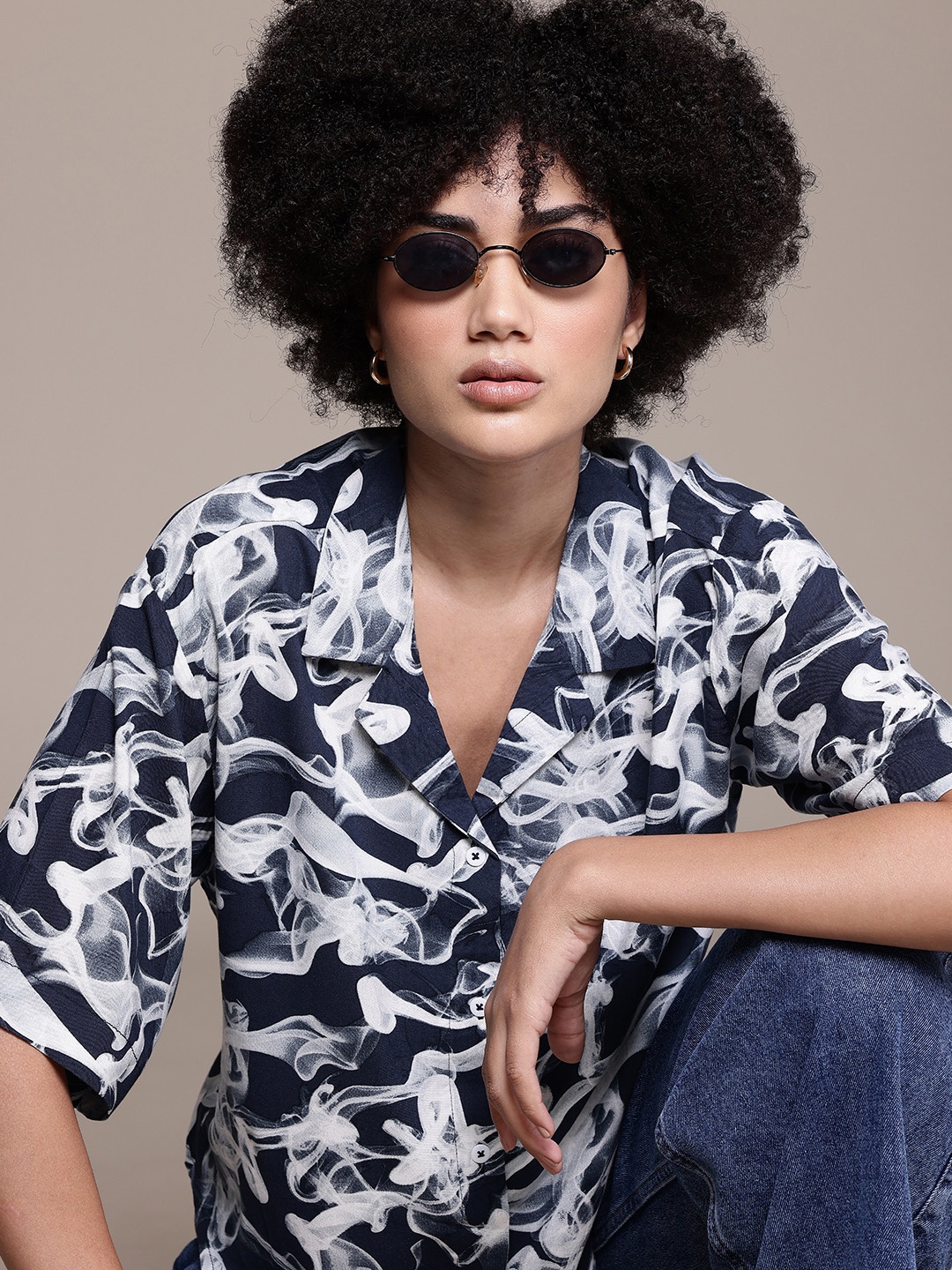 

Roadster Women Opaque Printed Casual Shirt, Navy blue