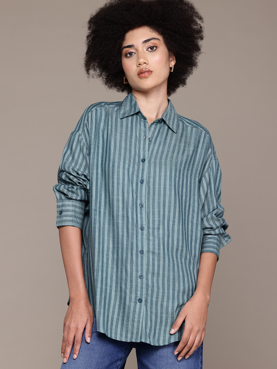 

The Roadster Lifestyle Co. Striped Longline Casual Shirt, Green