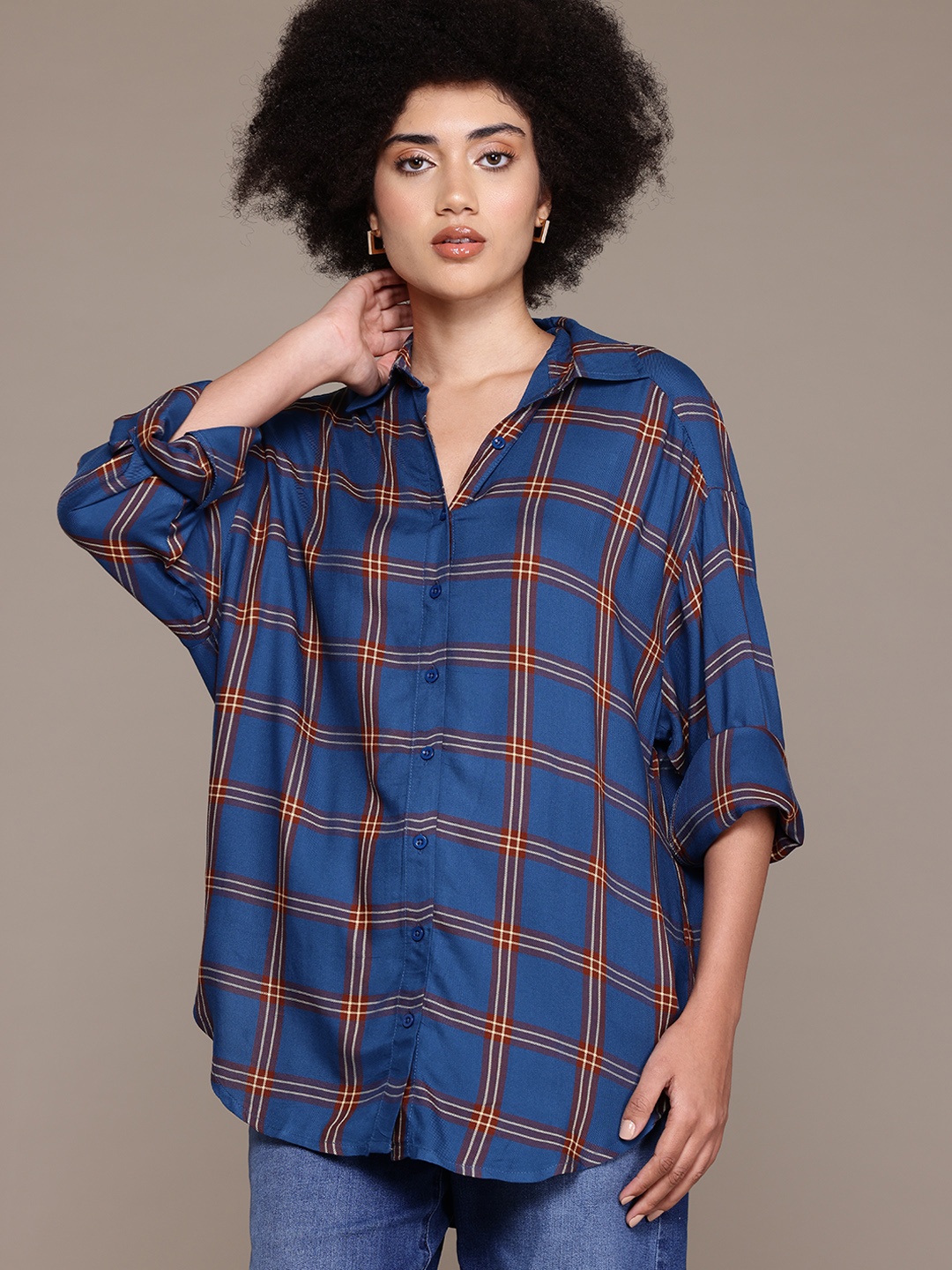 

The Roadster Lifestyle Co. Longline Checked Relaxed Casual Shirt, Blue