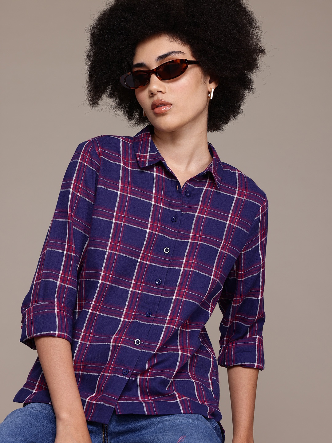 

The Roadster Lifestyle Co. Longline Checked Casual Shirt, Navy blue