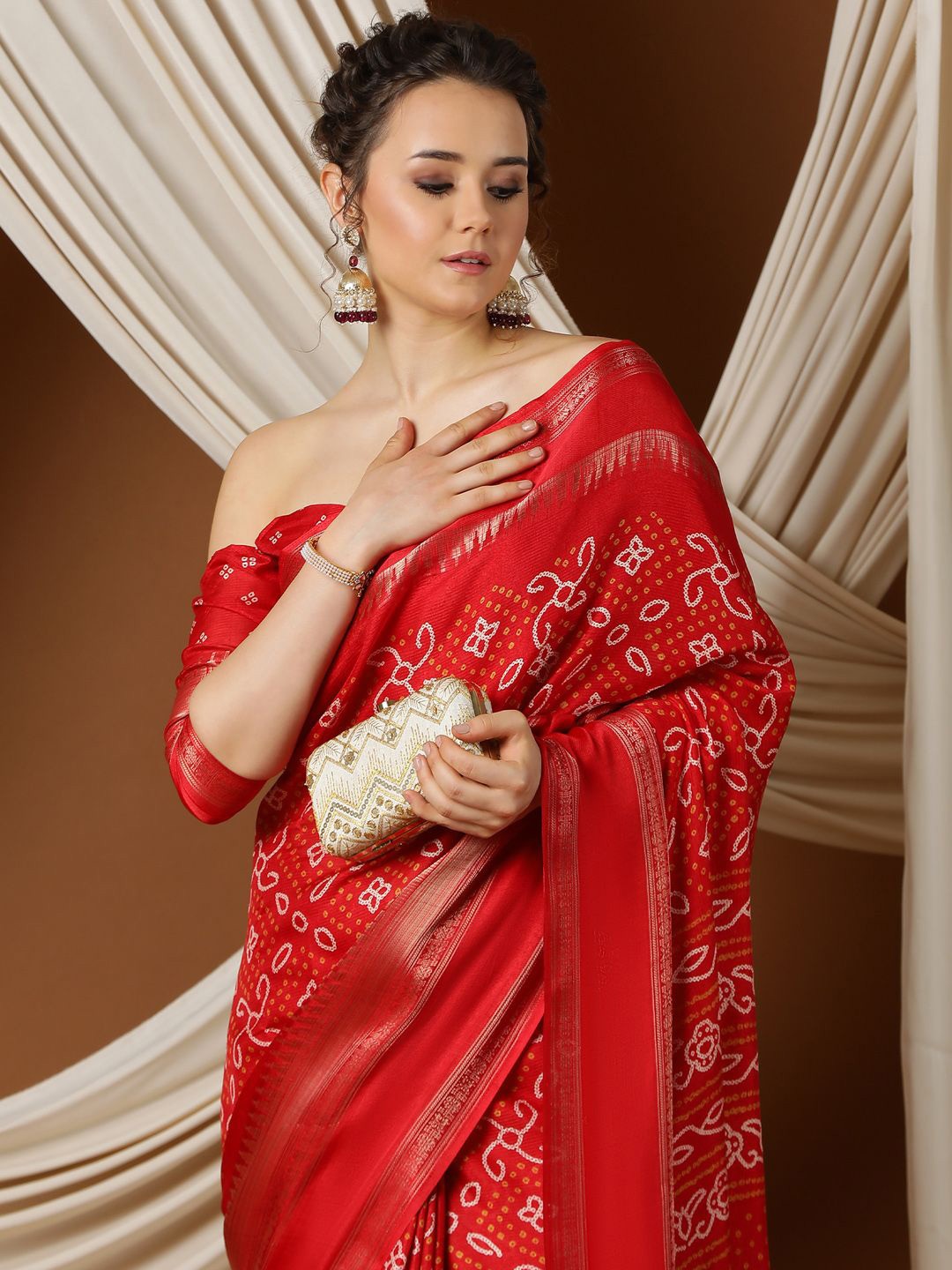 

KALINI Zari Bandhani Saree, Red