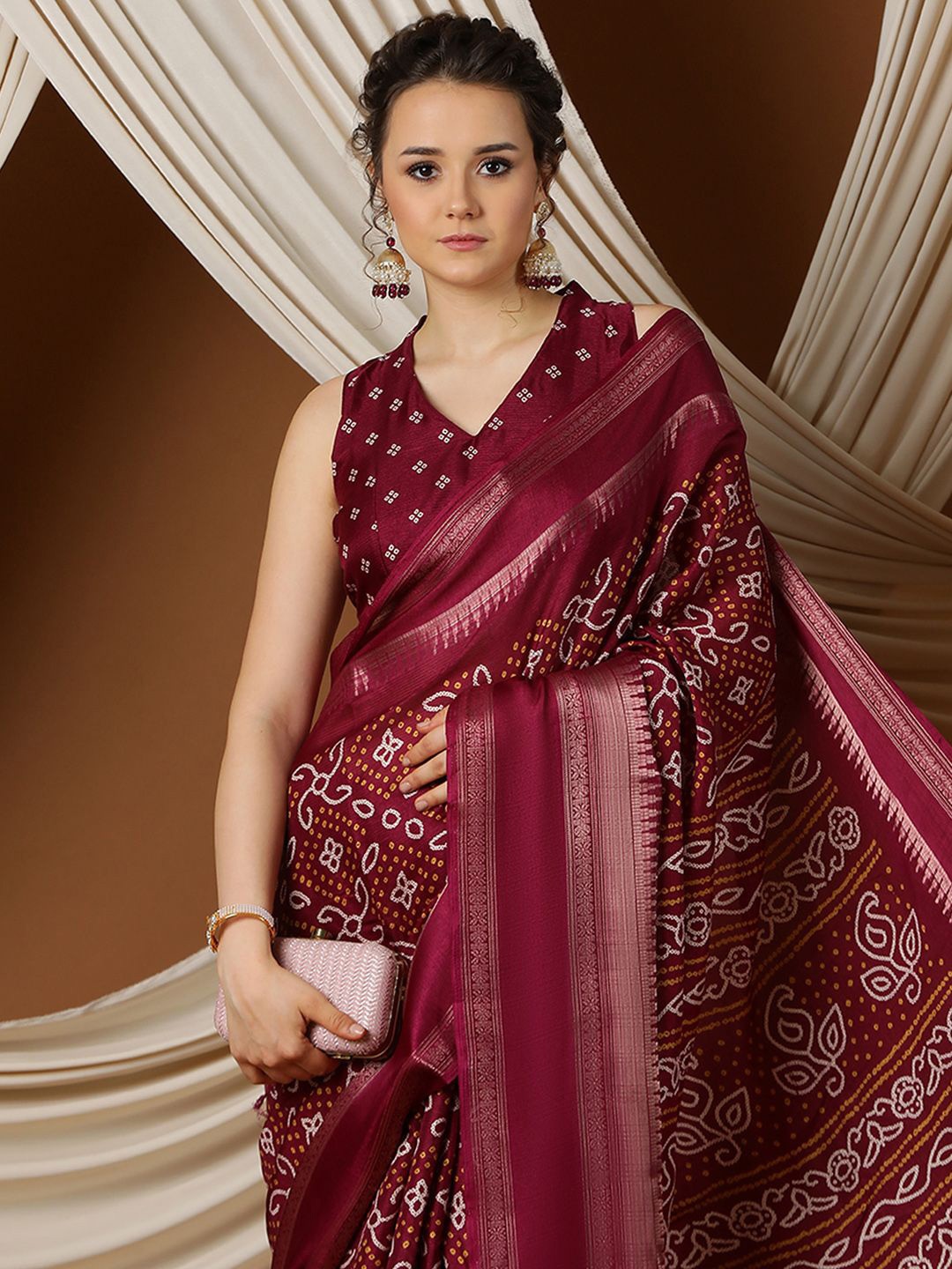 

KALINI Bandhani Woven Design Zari Saree, Burgundy