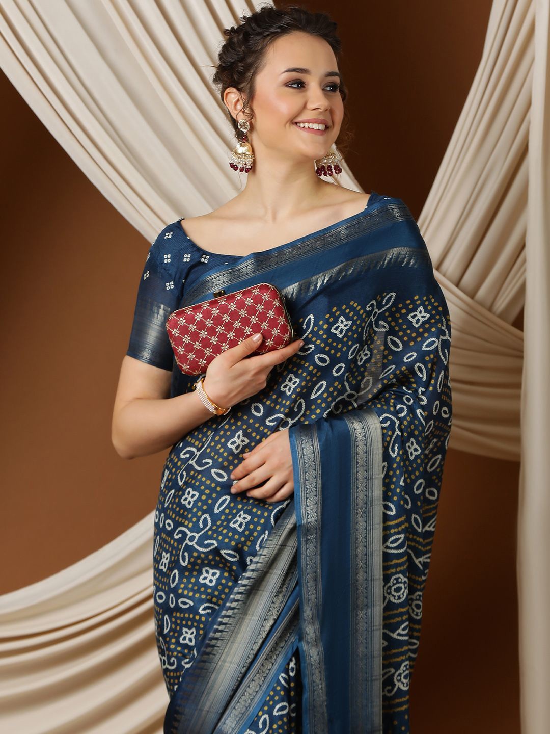 

KALINI Woven Design Zari Bandhani Saree, Navy blue