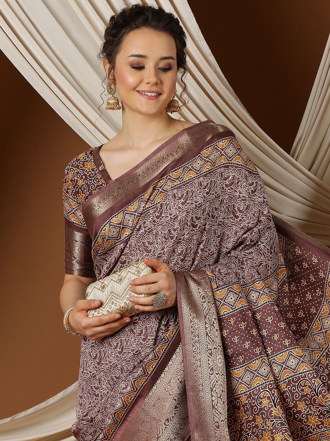

KALINI Ethnic Motifs Zari Saree, Brown
