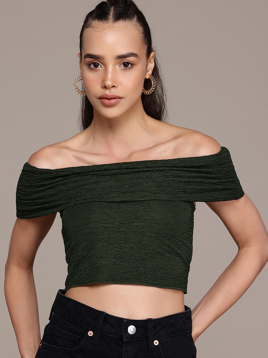 

The Roadster Lifestyle Co. Off-Shoulder Textured Layered Bardot Crop Top, Green