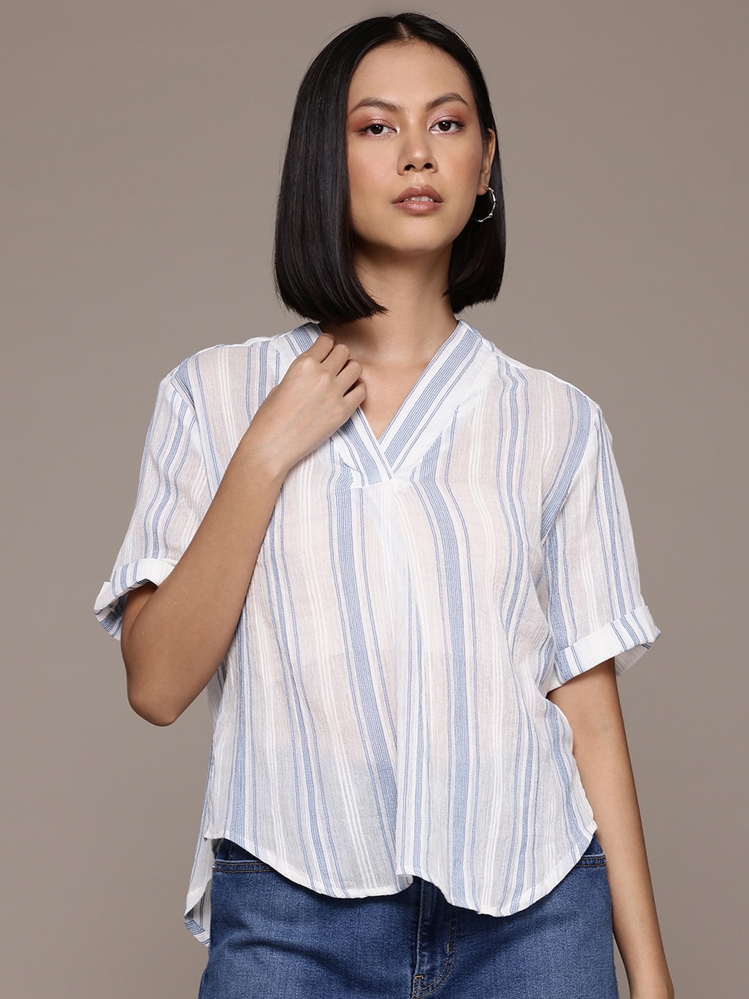 

The Roadster Lifestyle Co. Vertical Stripes Pure Cotton Semi Sheer Top, White
