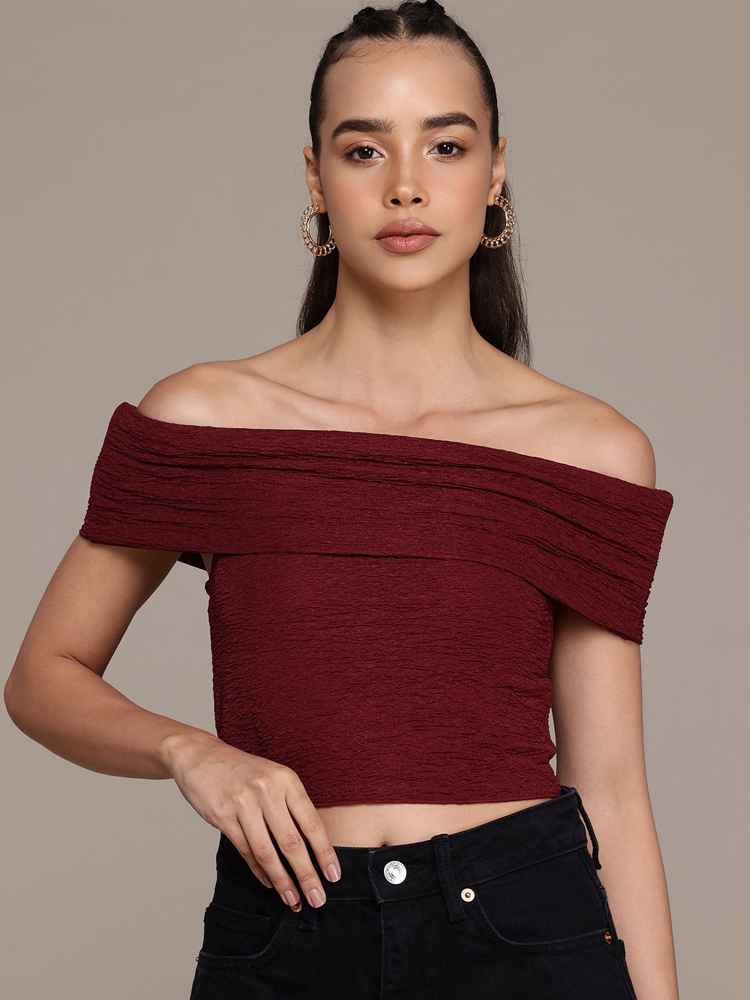 

The Roadster Lifestyle Co. Off-Shoulder Textured Layered Bardot Crop Top, Maroon