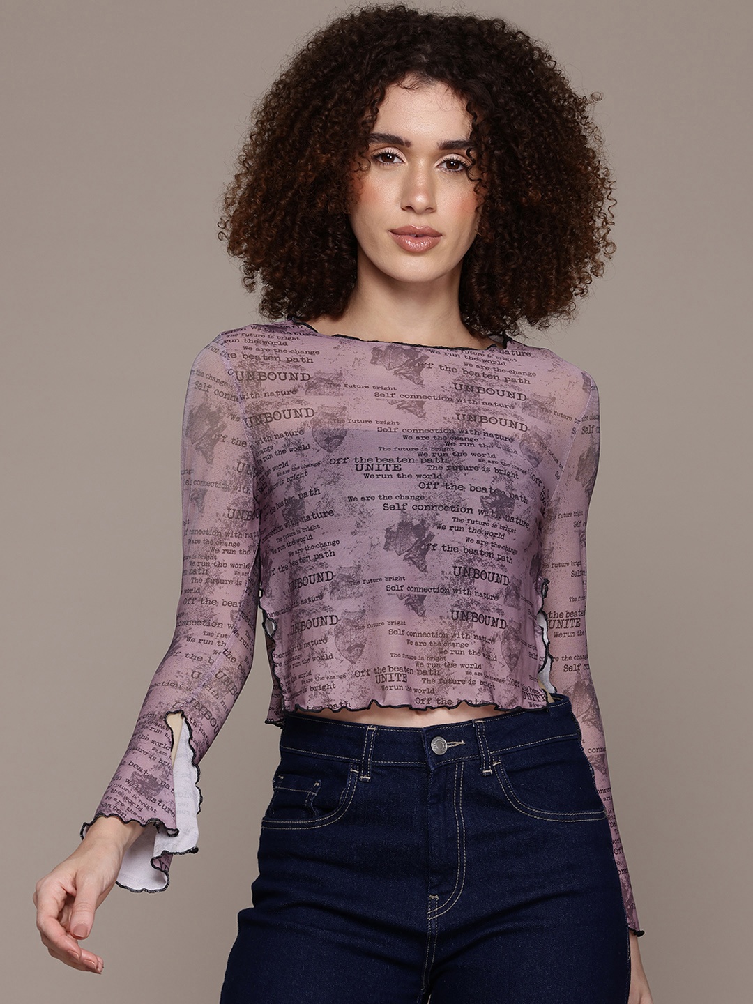 

The Roadster Lifestyle Co. Printed Slit Sleeve Sheer Crop Top, Mauve