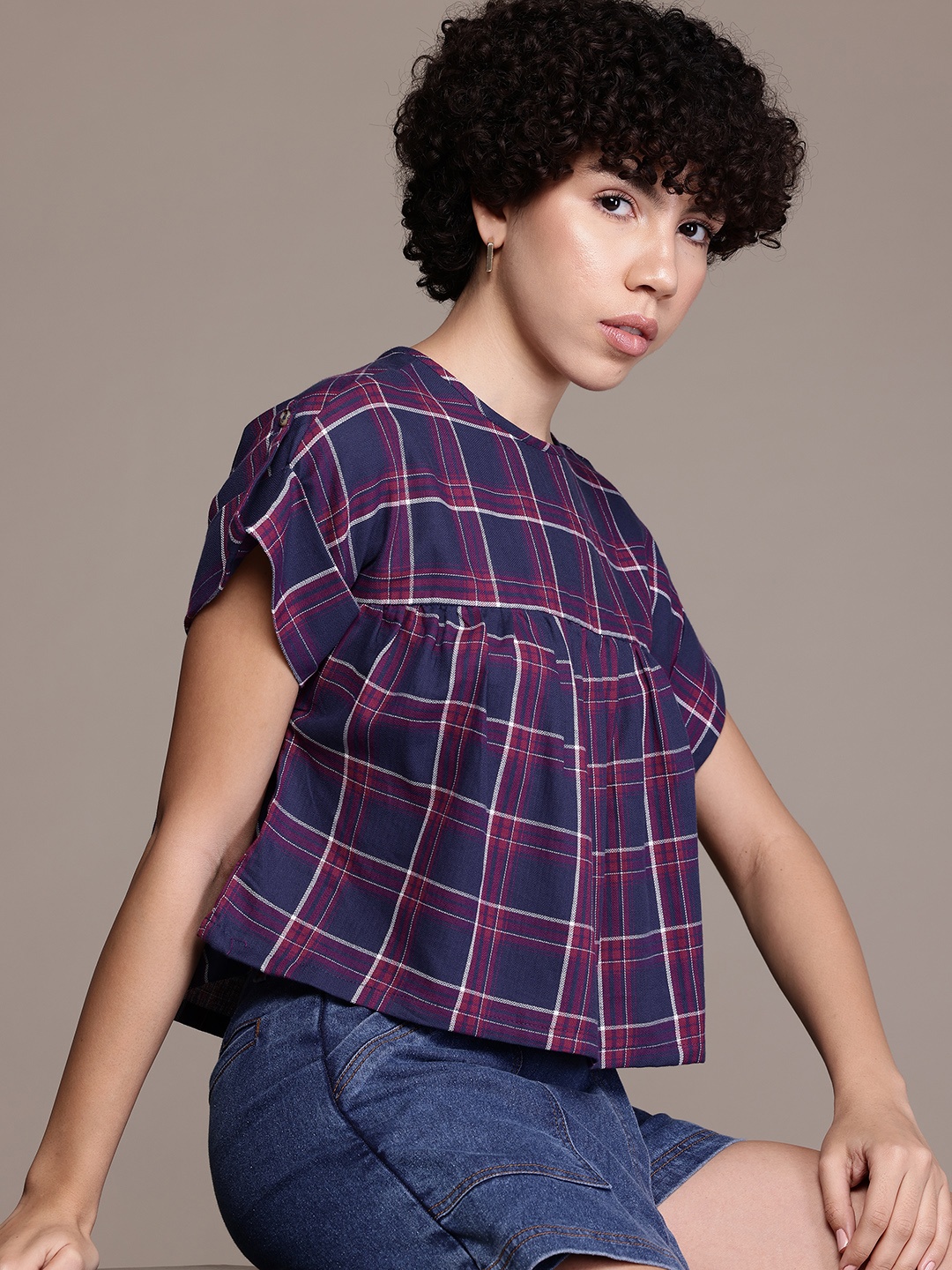 

The Roadster Lifestyle Co. Tartan Checked Top, Navy blue