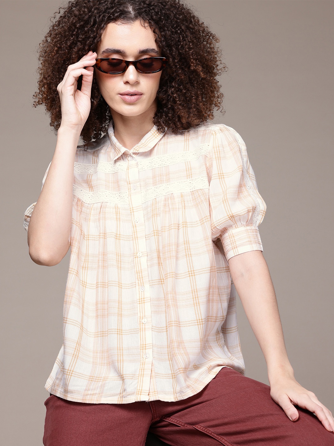 

The Roadster Lifestyle Co. Checked Puff Sleeve Shirt Style Top, Beige