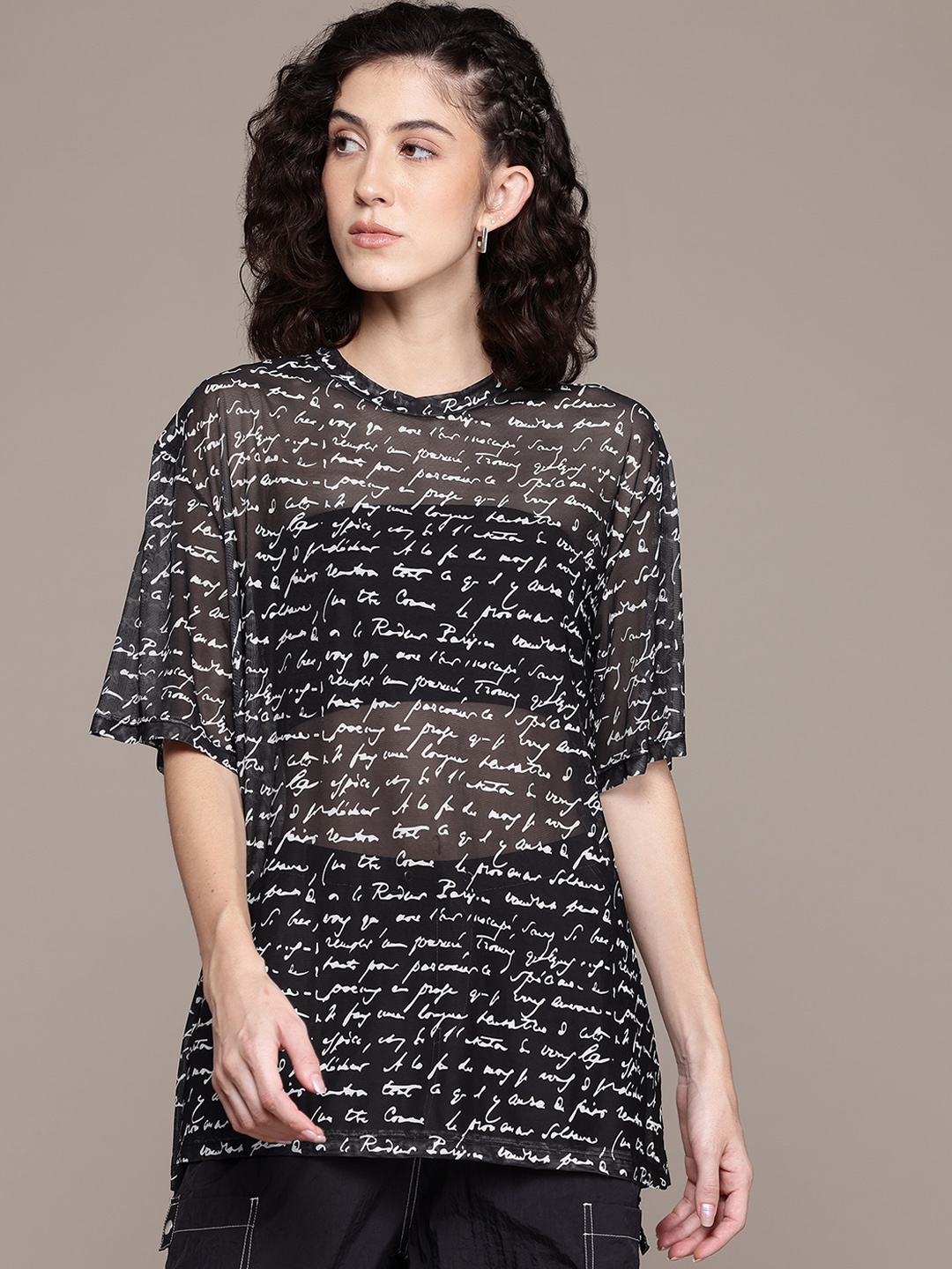 

The Roadster Lifestyle Co. Typography Print Sheer Longline Top, Black