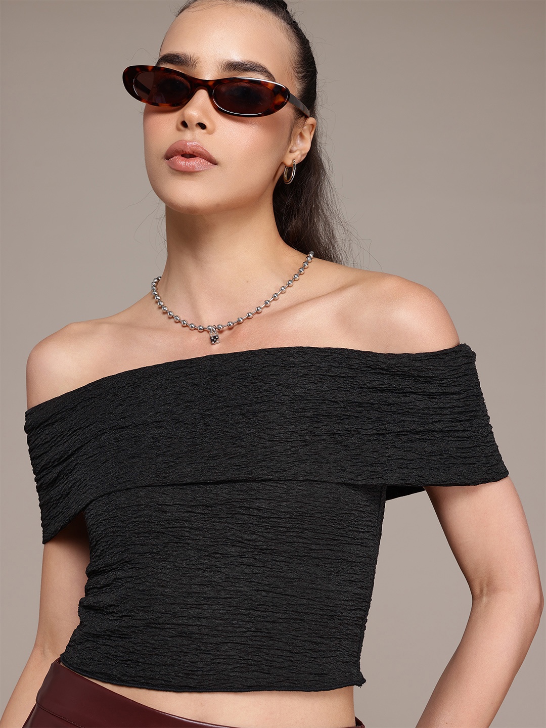 

The Roadster Lifestyle Co. Off-Shoulder Textured Layered Bardot Crop Top, Black