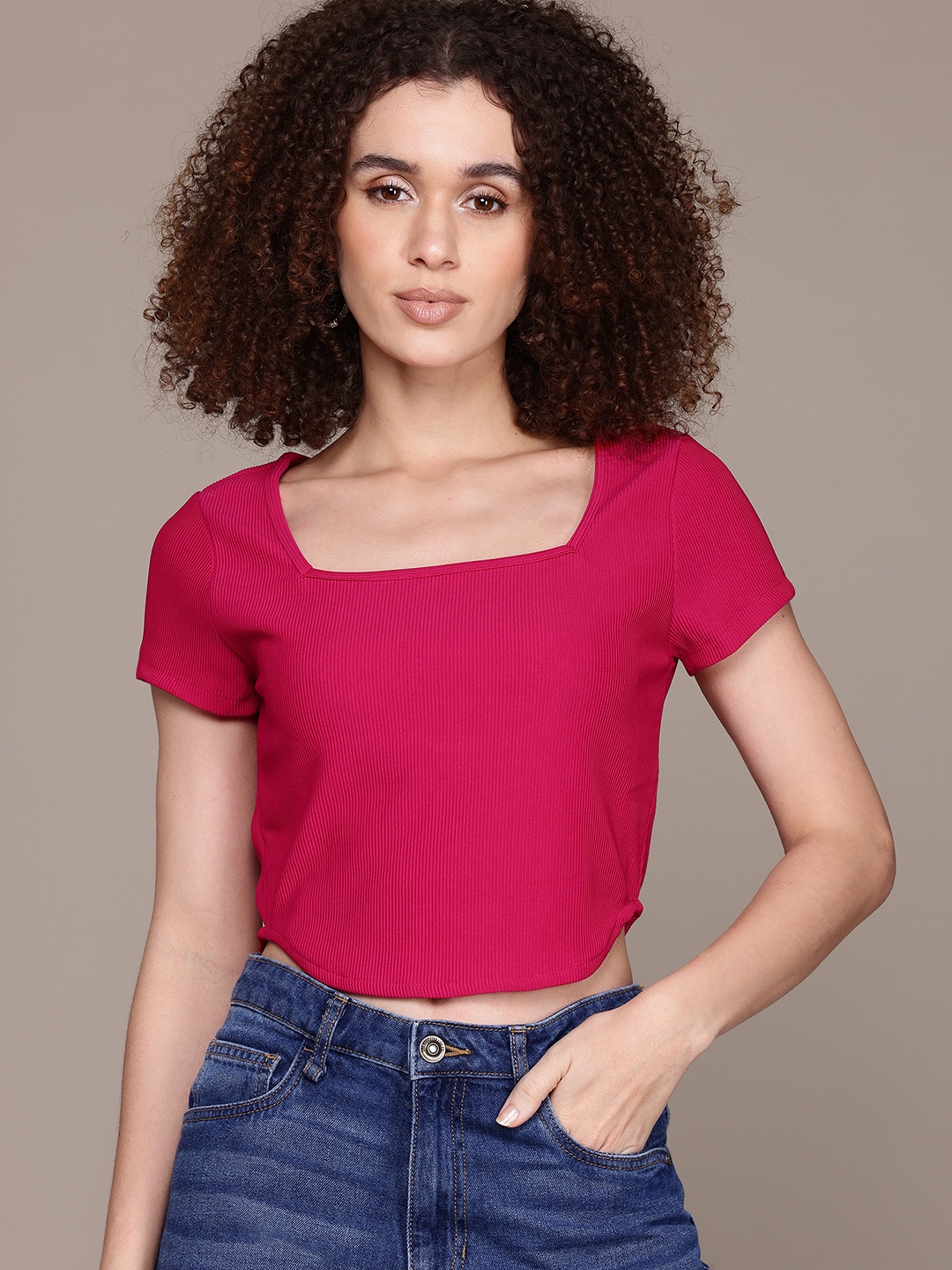 

The Roadster Lifestyle Co. Square Neck Curved Hem Ribbed Crop Top, Red