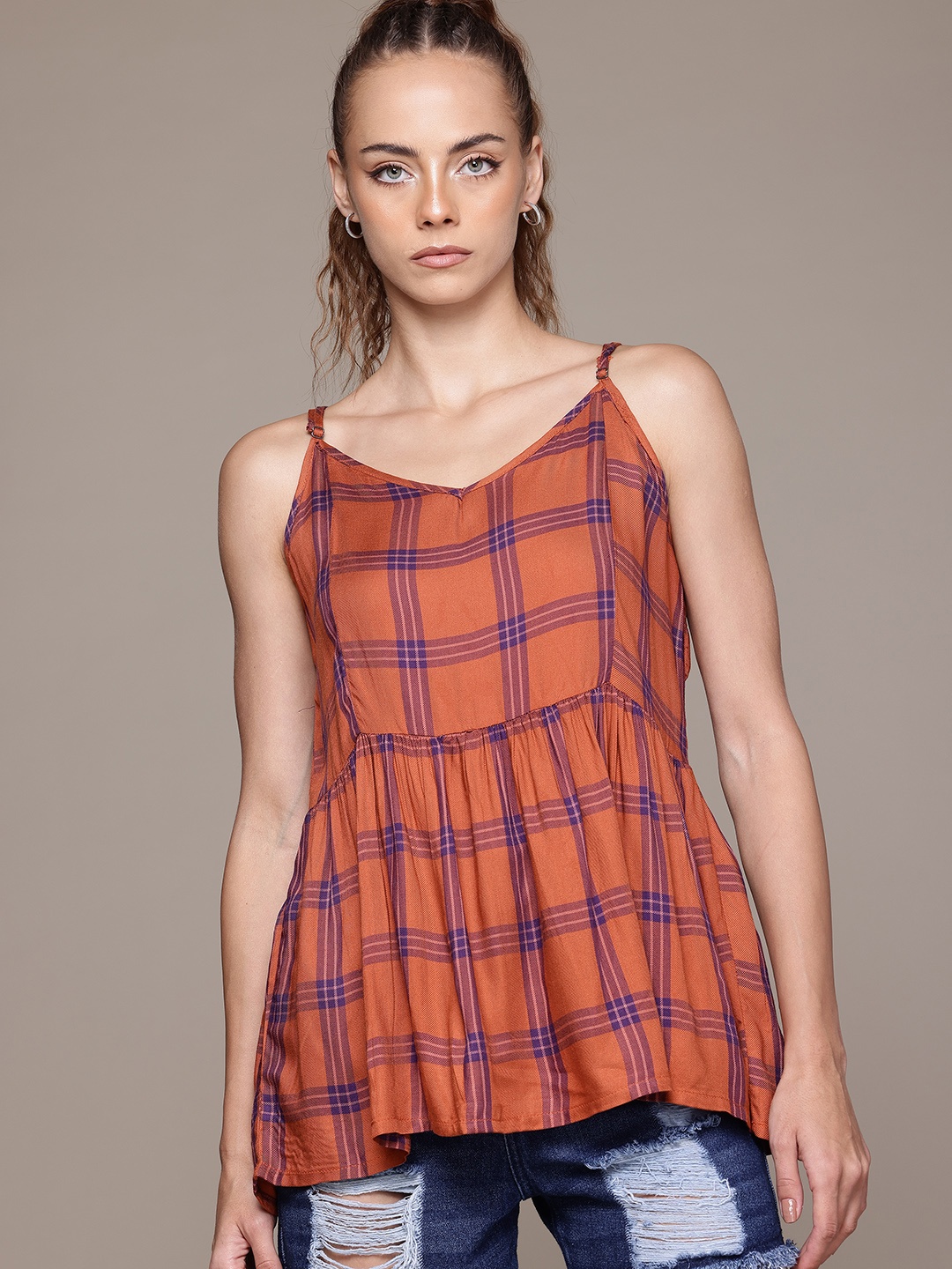 

The Roadster Lifestyle Co. Gathered or Pleated Checked Top, Rust