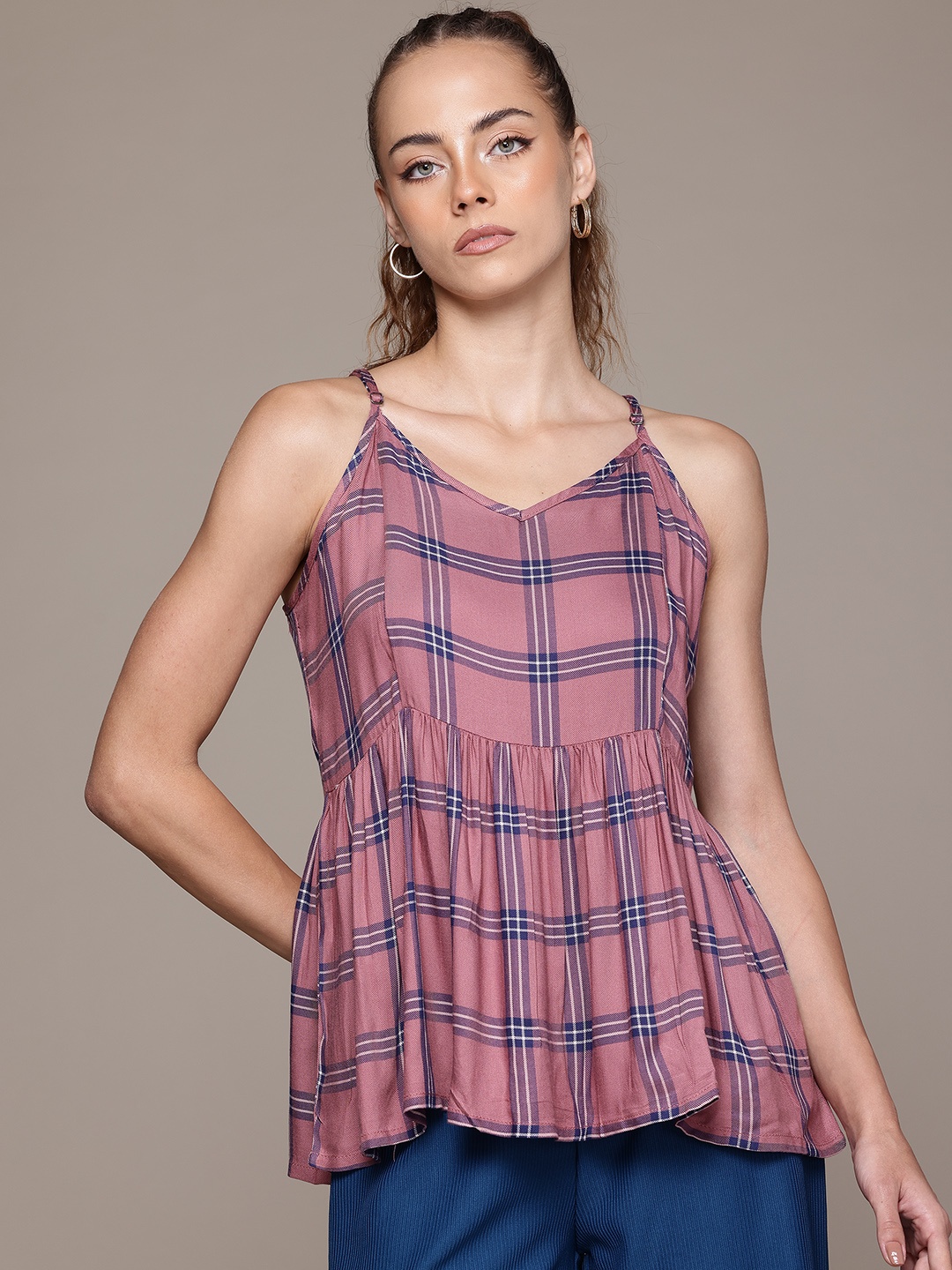 

The Roadster Lifestyle Co. Gathered or Pleated Checked Top, Mauve