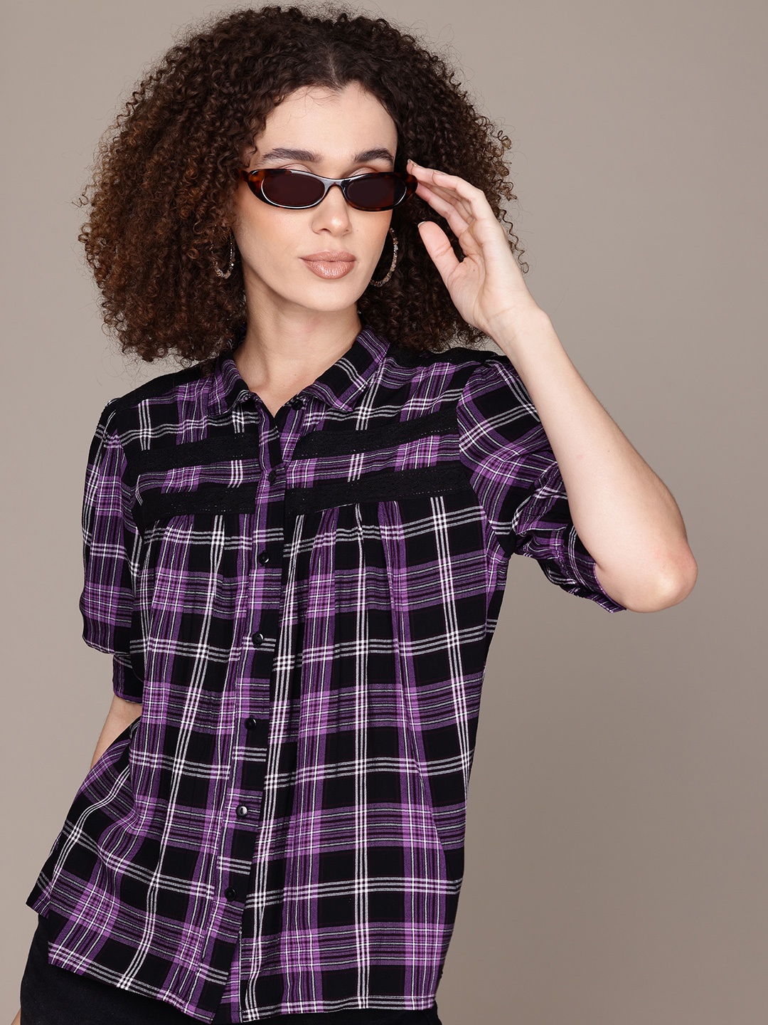 

The Roadster Lifestyle Co. Checked Puff Sleeve Shirt Style Top, Purple