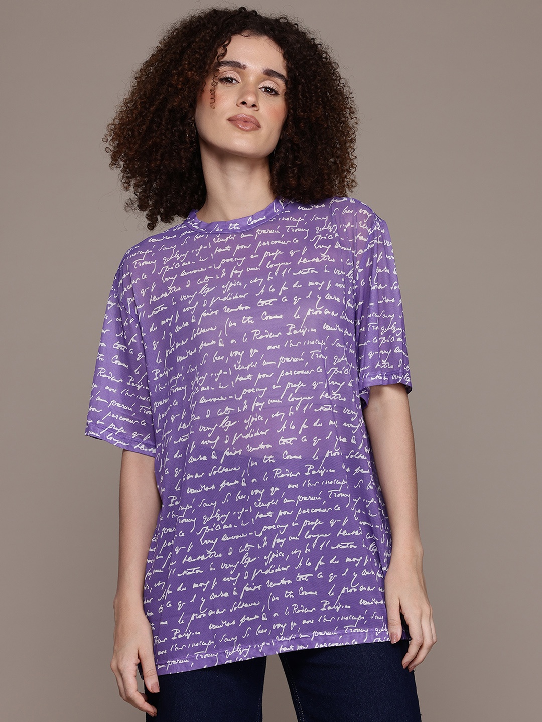 

The Roadster Lifestyle Co. Typography Print Sheer Longline Top, Purple