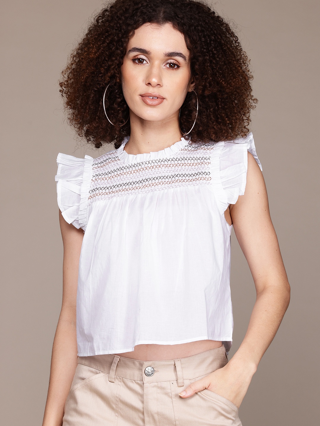 

The Roadster Lifestyle Co. Self-Design Flutter Sleeves Ruffles Cotton Top, White