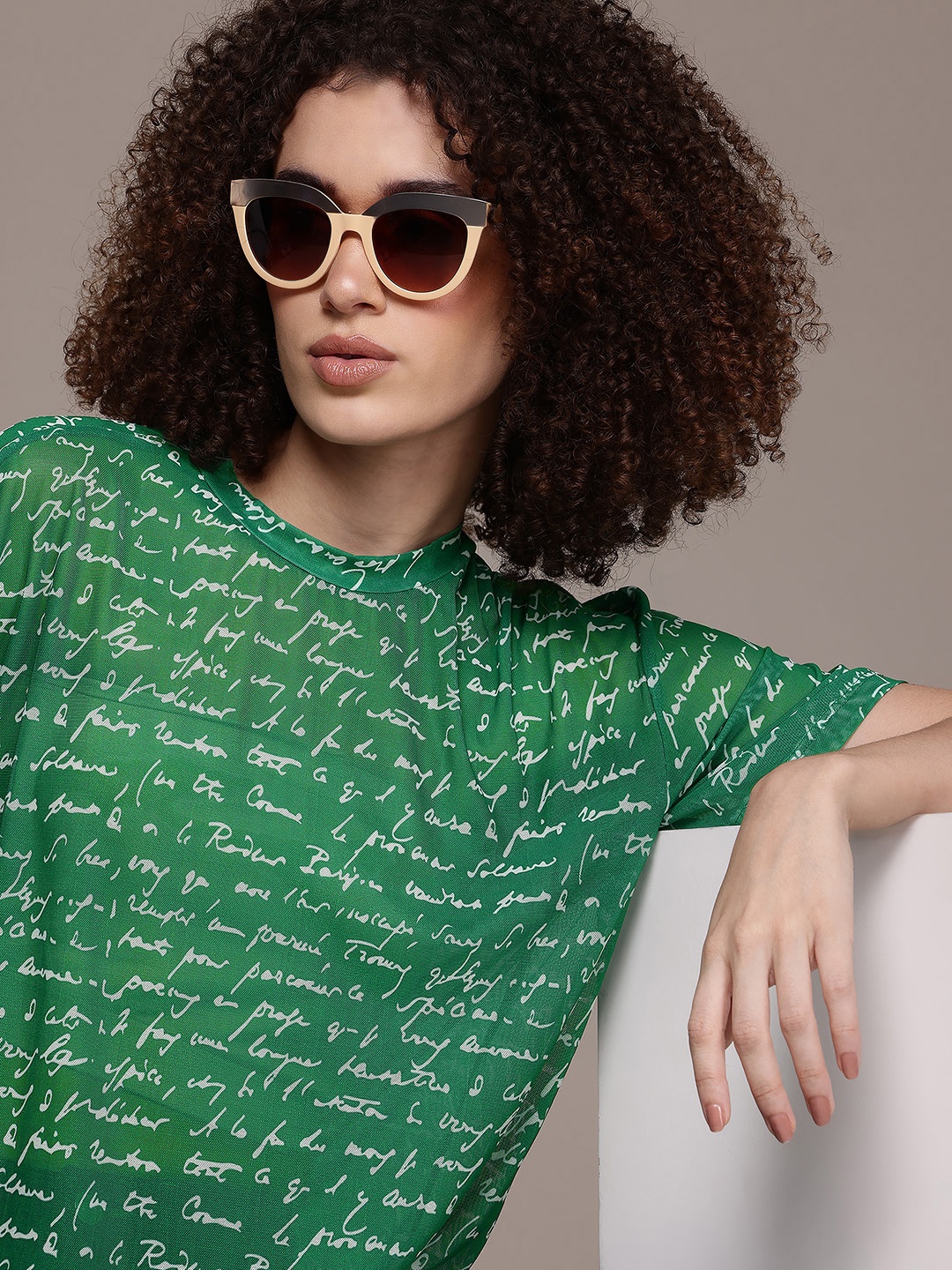 

The Roadster Lifestyle Co. Typography Print Sheer Longline Top, Green