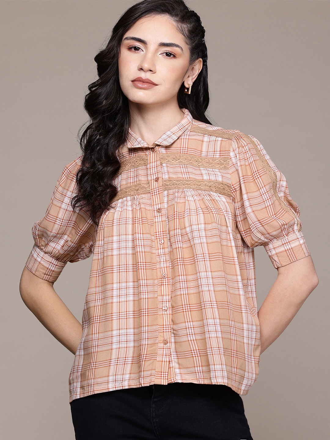 

The Roadster Lifestyle Co. Checked Puff Sleeve Shirt Style Top, Beige