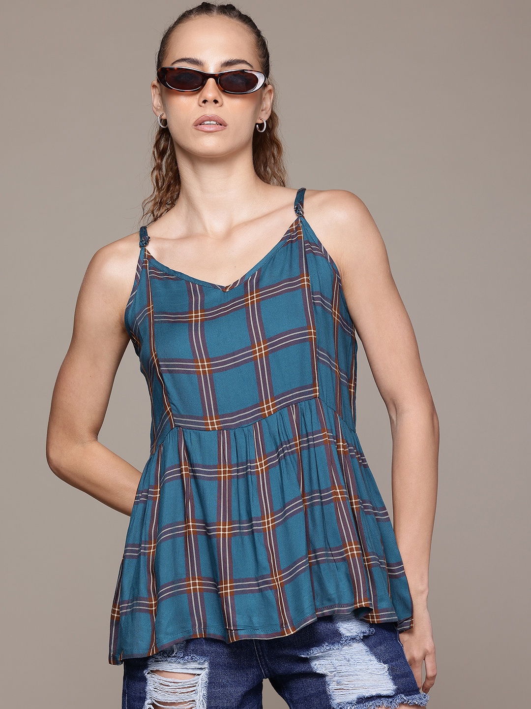 

The Roadster Lifestyle Co. Gathered or Pleated Checked Top, Teal