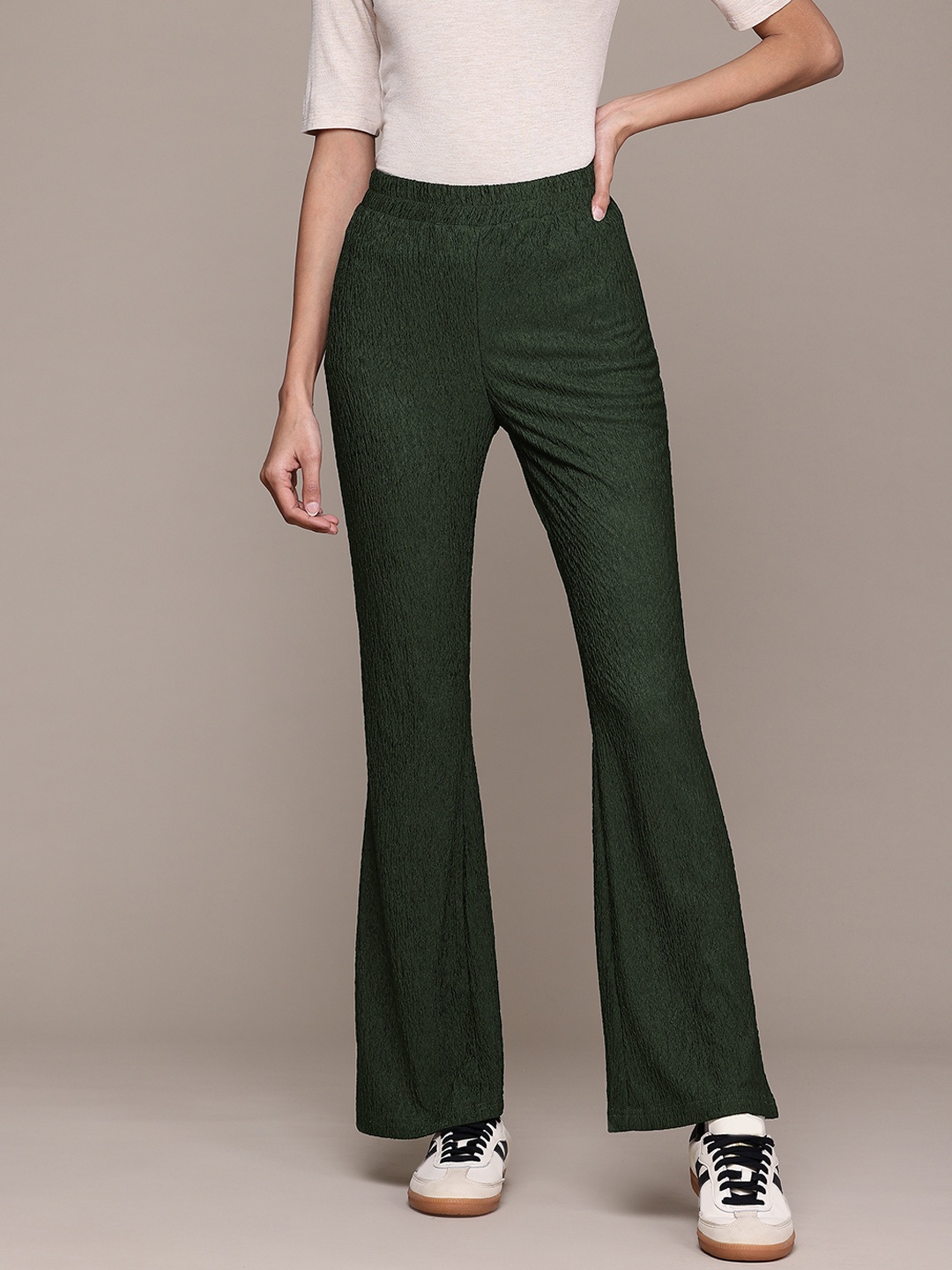 

The Roadster Lifestyle Co. Women Textured Wide Leg Trousers, Olive