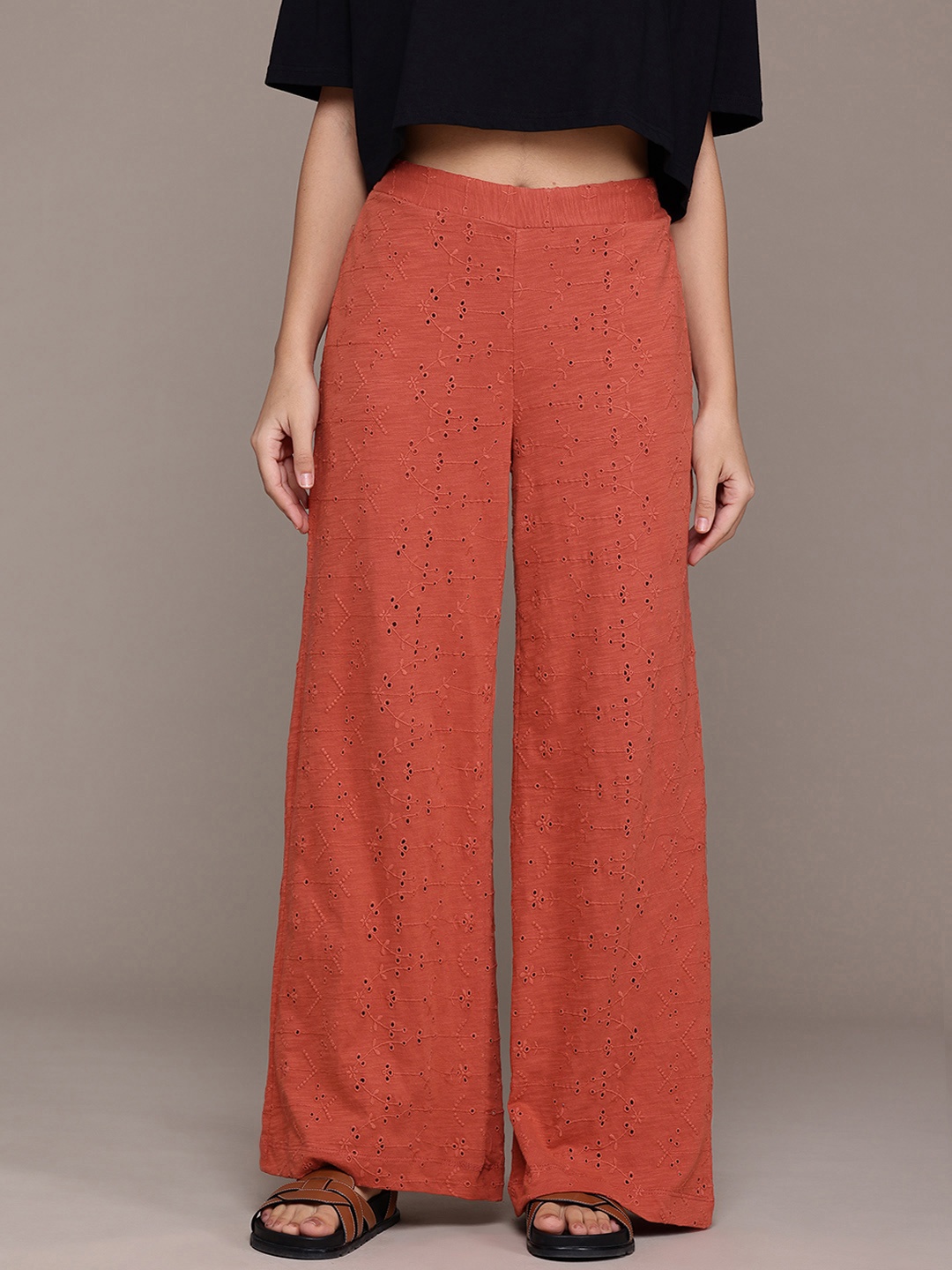 

Roadster The Lifestyle Co. Women Schiffli Embroidered Trousers, Rust