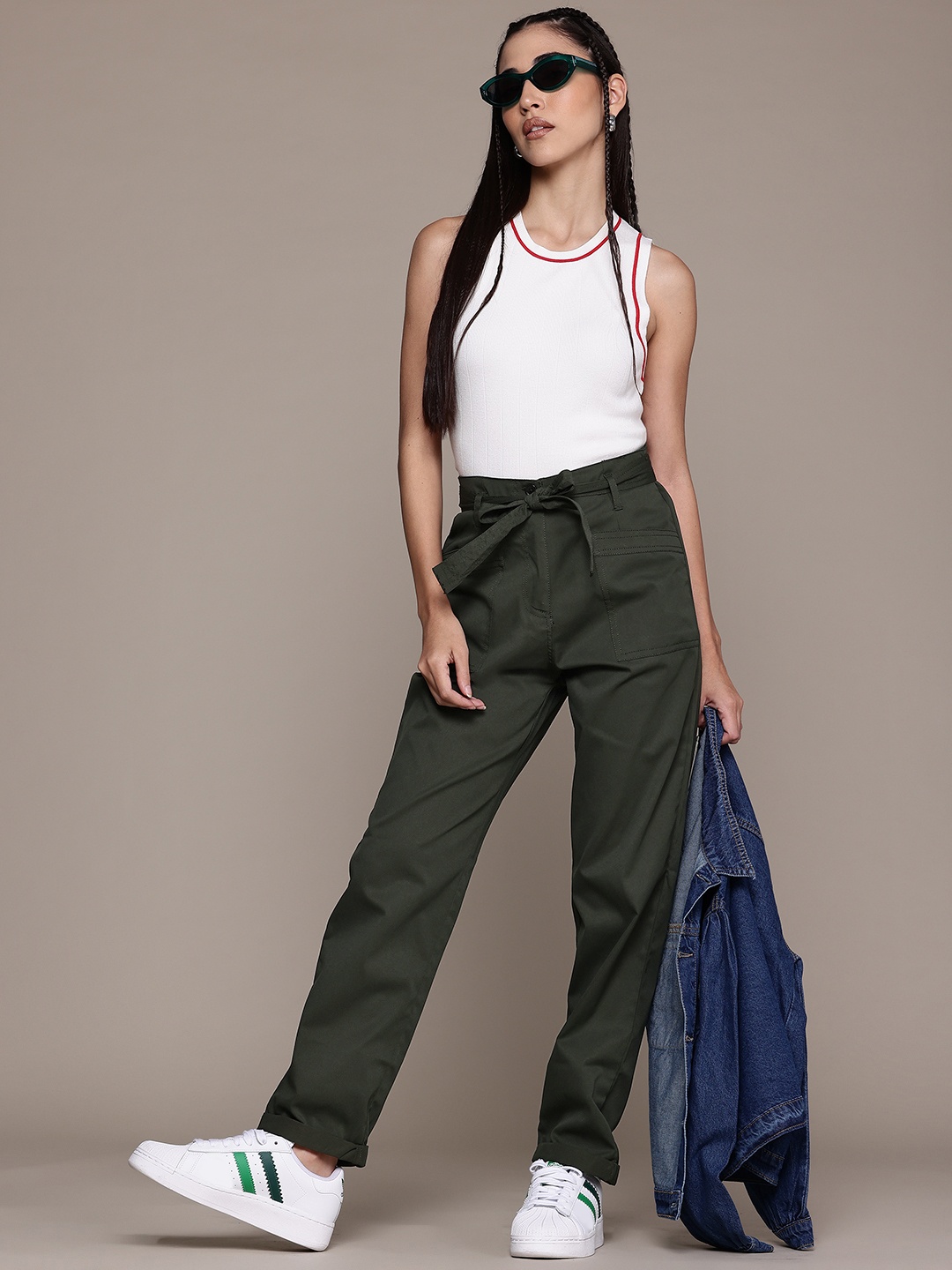 

The Roadster Lifestyle Co. Women Pure Cotton Trousers with Tie-Up Belt, Green