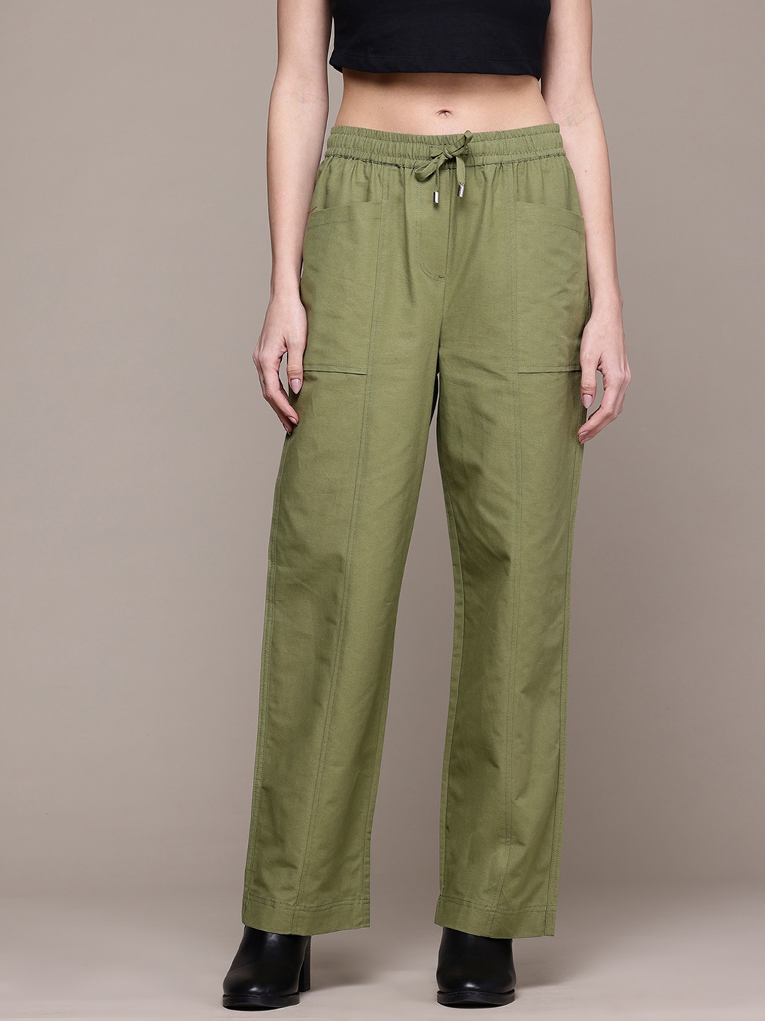 

The Roadster Lifestyle Co. Women Pure Cotton Parallel Trousers, Olive