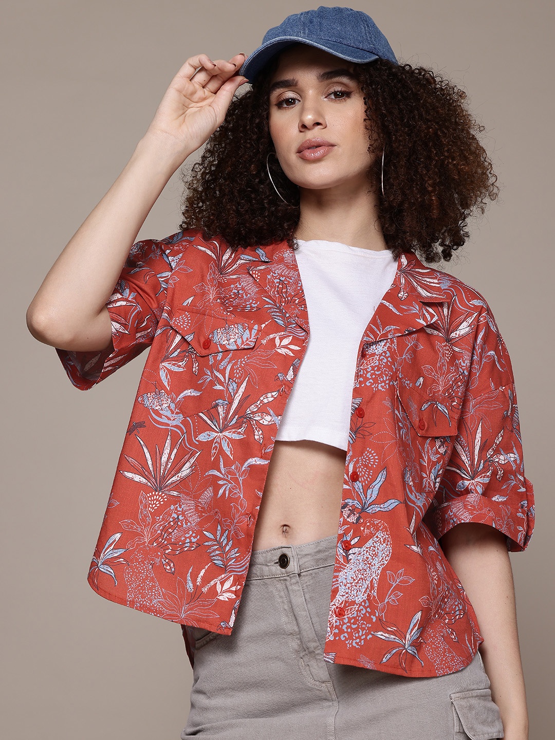 

The Roadster Lifestyle Co. Cotton Floral Print Relaxed Fit Shirt, Rust