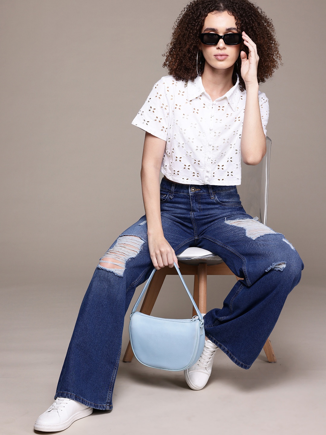 The Roadster Lifestyle Co. Women Schiffli Pure Cotton Crop Shirt