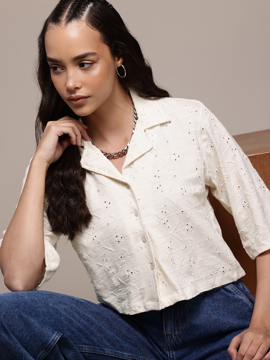 

The Roadster Lifestyle Co. Semi Sheer Schiffli Shirt, Off white