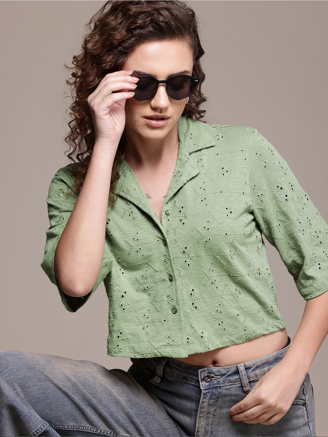 

Roadster Boxy Style Floral Schiffli Crop Shirt, Olive