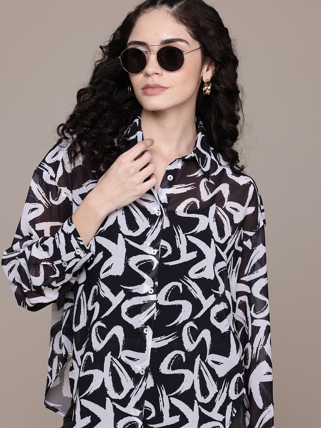 

The Roadster Lifestyle Co. Semi Sheer Printed Casual Shirt, Black