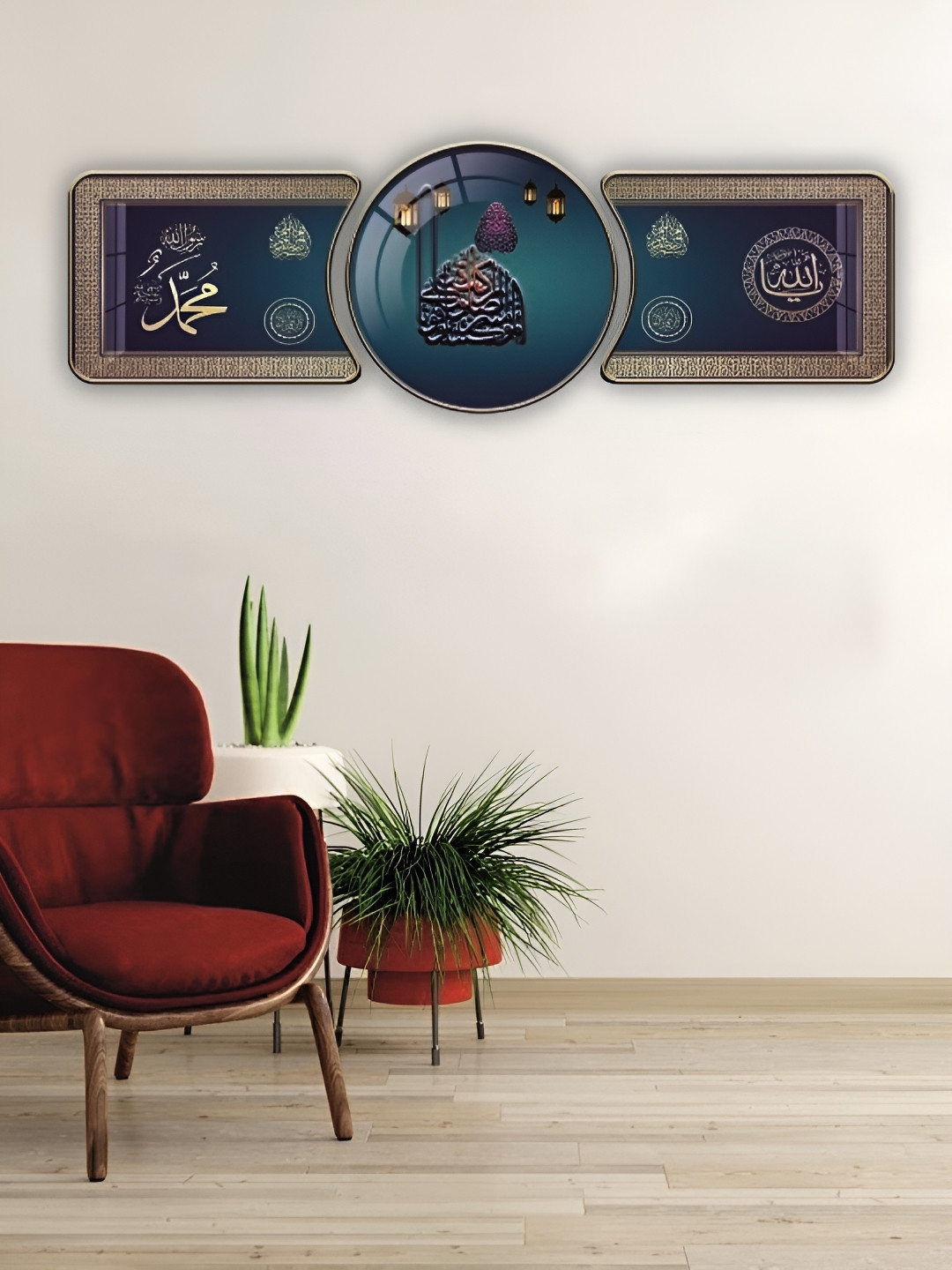

WALLMAX Premium Crystal Gold Toned & Teal Blue 3 Pieces Wooden Religious Wall Art
