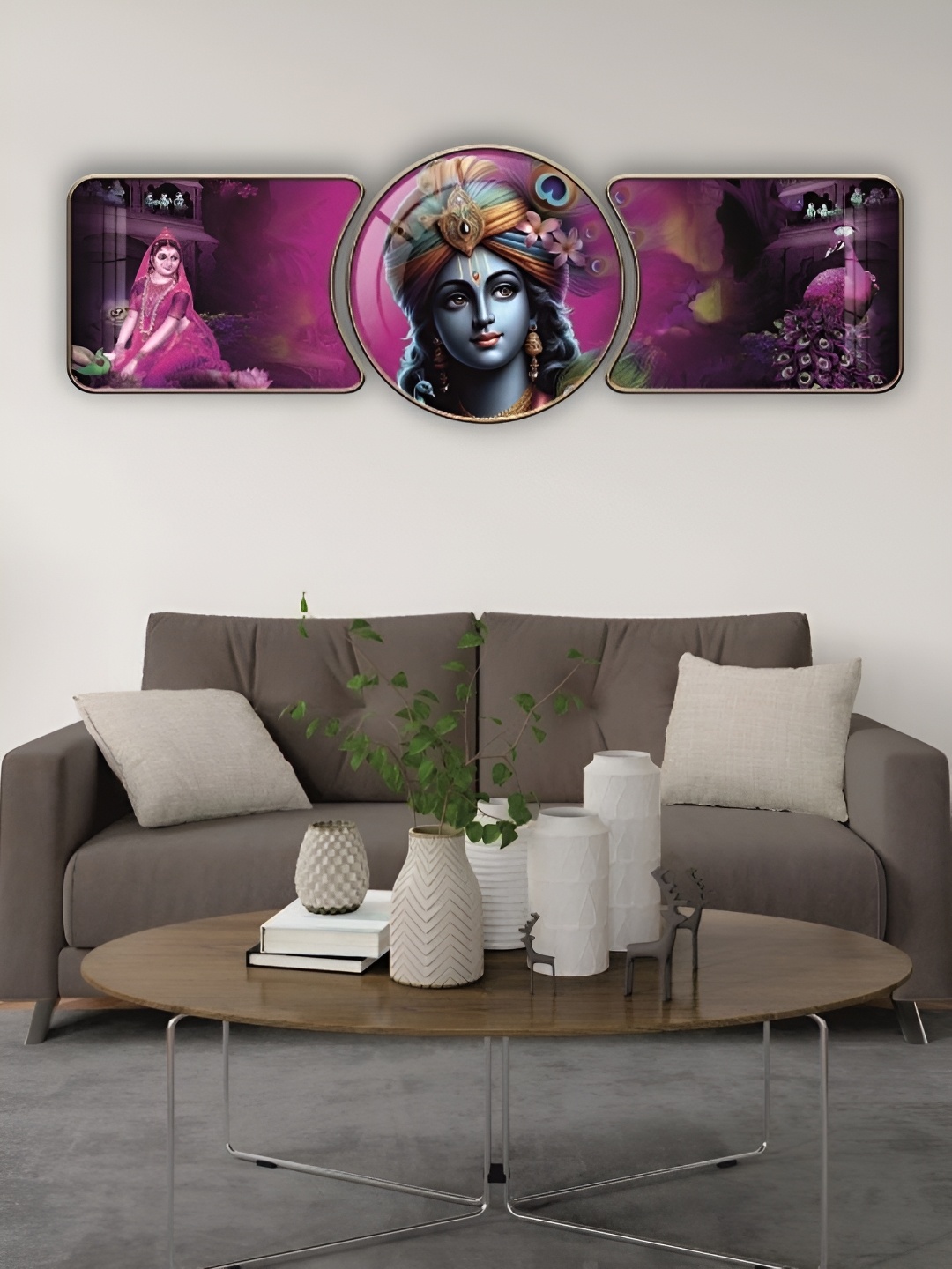 

WALLMAX Gold-Toned & Purple 3 Pieces Lord Krishna Religious Crystal Wall Arts