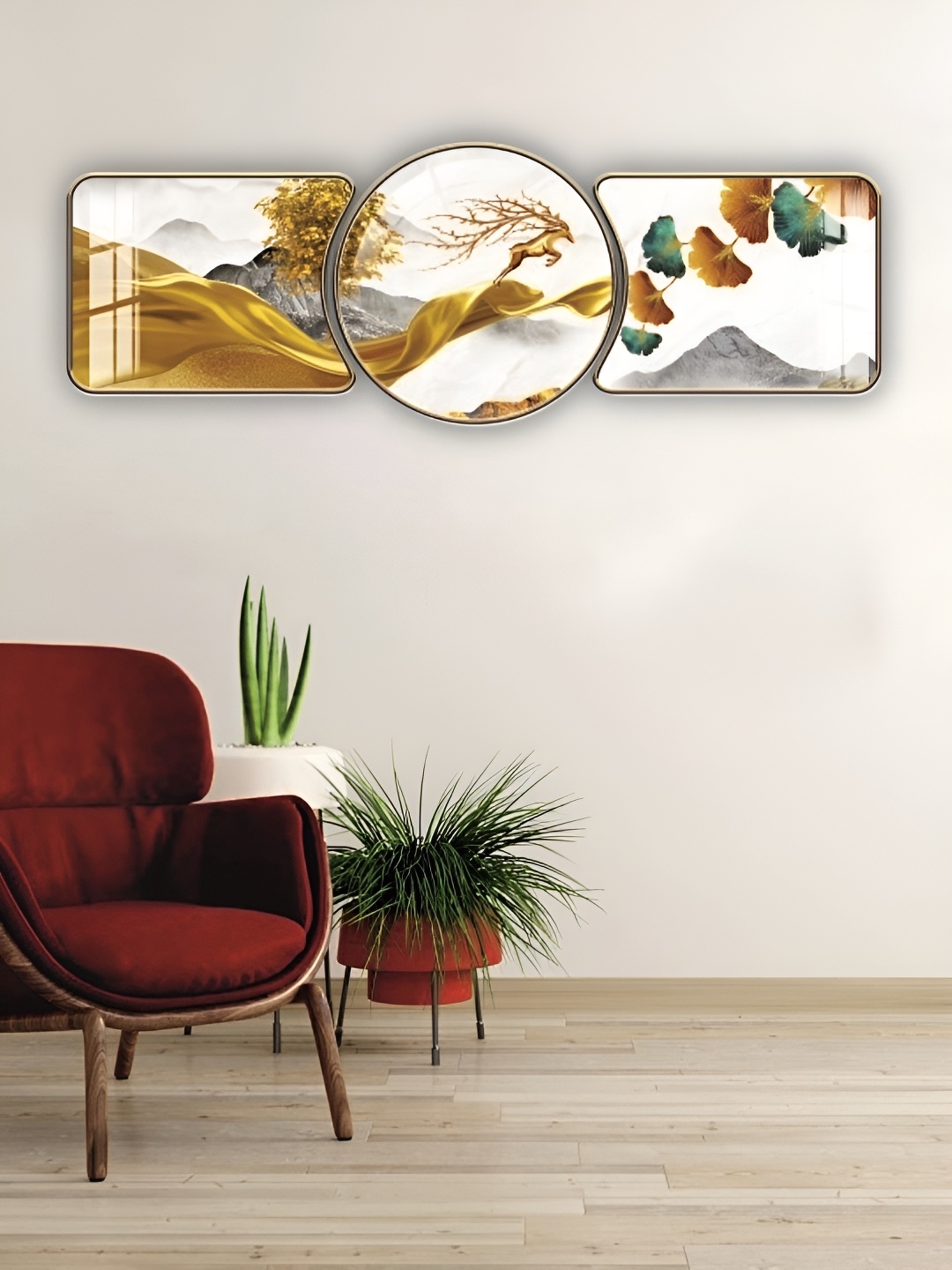 

WALLMAX Gold-Toned & White 3 Pieces Floral Crystal Wall Arts