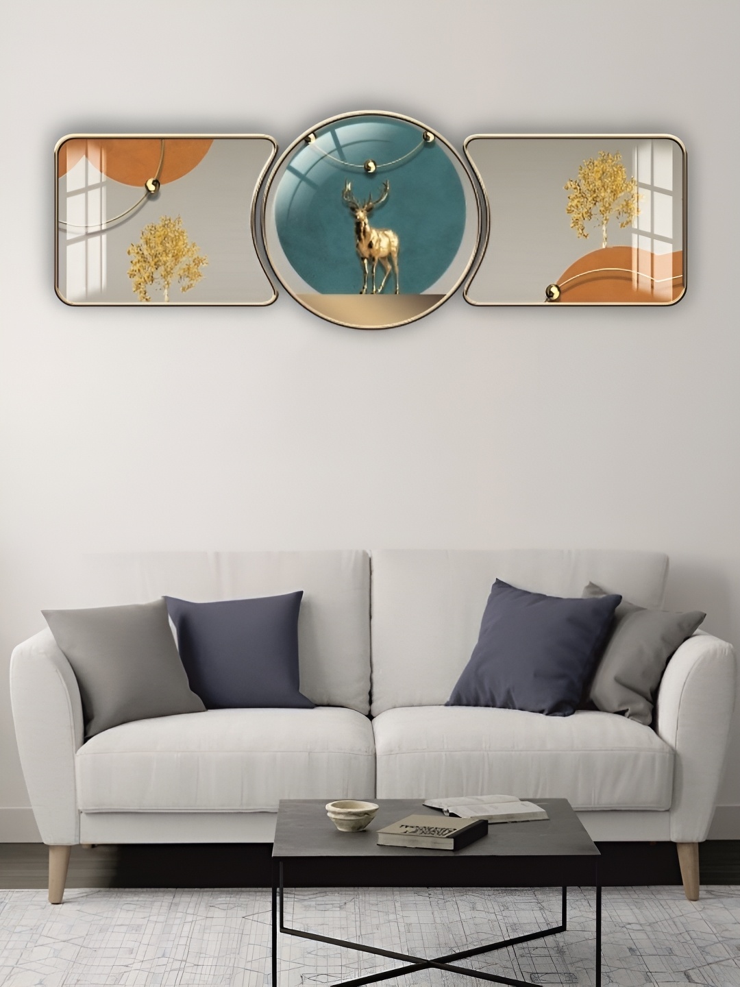 

WALLMAX Gold-Toned & Green 3 Pieces Deer Crystal Wall Arts
