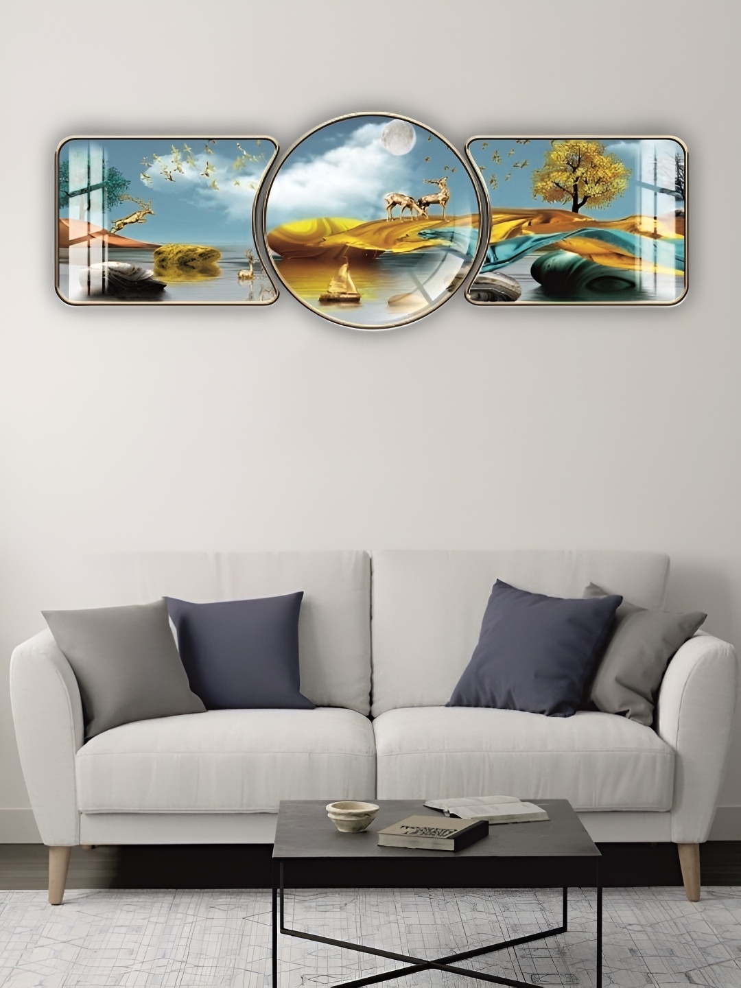 

WALLMAX Gold-Toned & Blue 3 Pieces Wooden Paintings Wall Art