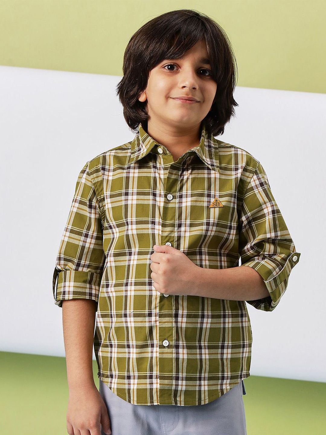 

Stylo Bug Boys Cotton Slim Fit Tartan Checks Opaque Casual Shirt, Green