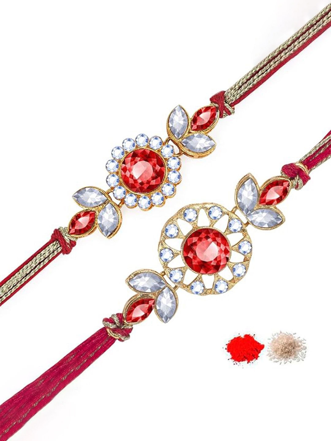 

Kaameri Bazaar Set Of 2 Beaded Thread Rakhi With Roli Chawal, Red