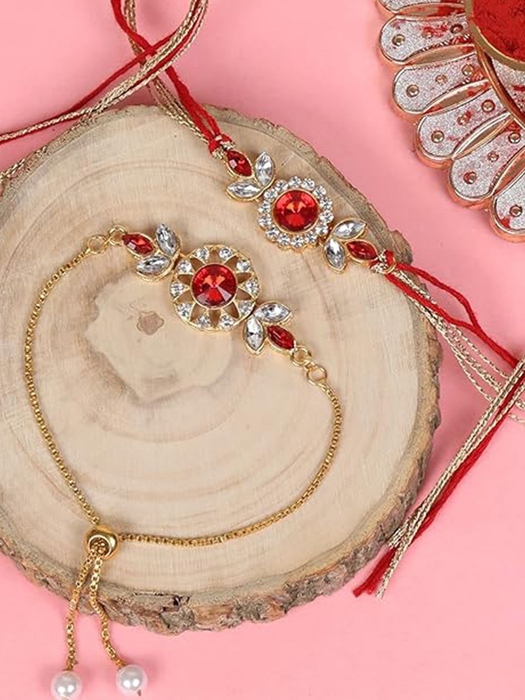 

Kaameri Bazaar Stone Studded & Beaded Thread Rakhi, Red