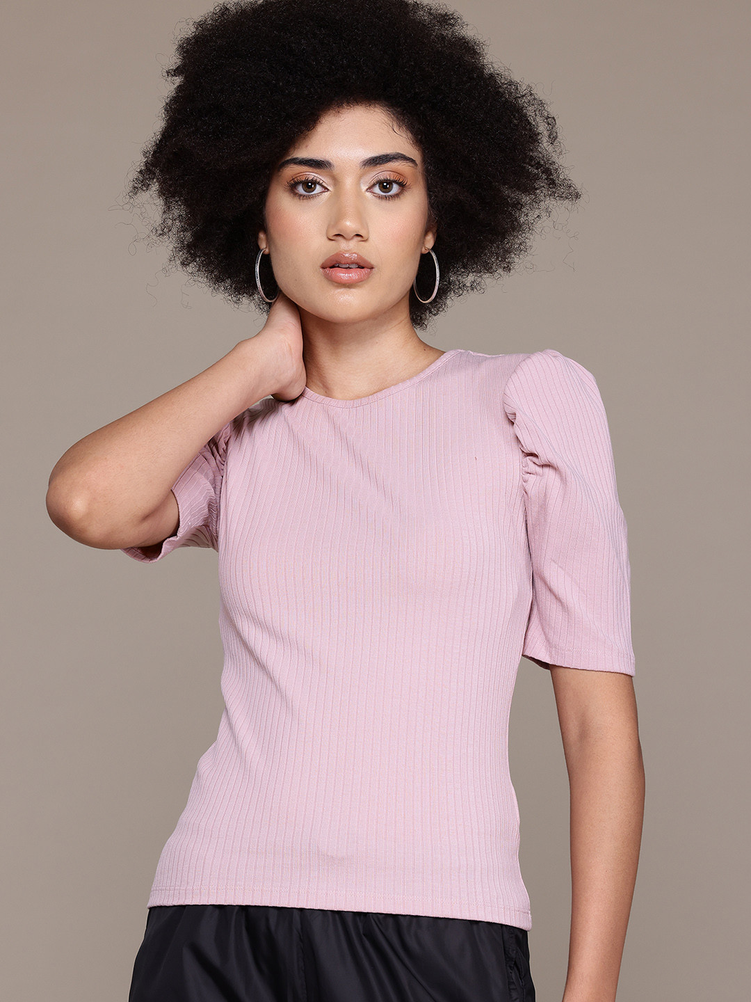 

The Roadster Lifestyle Co. Puff Sleeves Knitted Top, Mauve