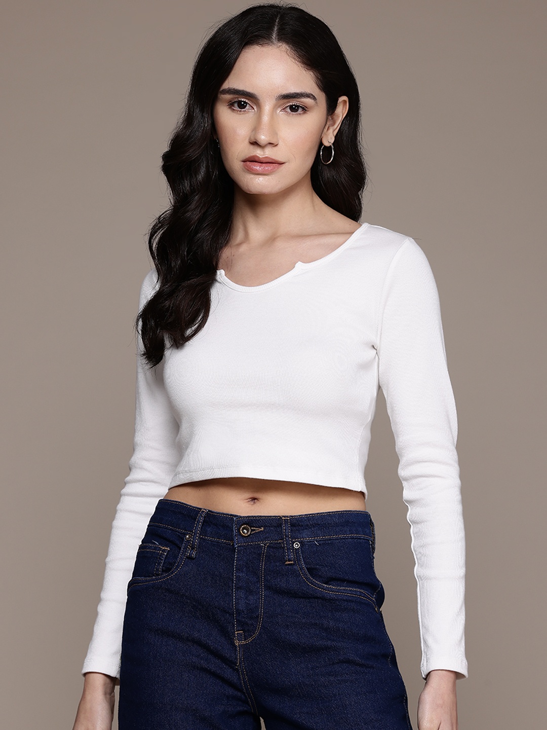 

The Roadster Lifestyle Co. Full Sleeves Ribbed Crop Top, White