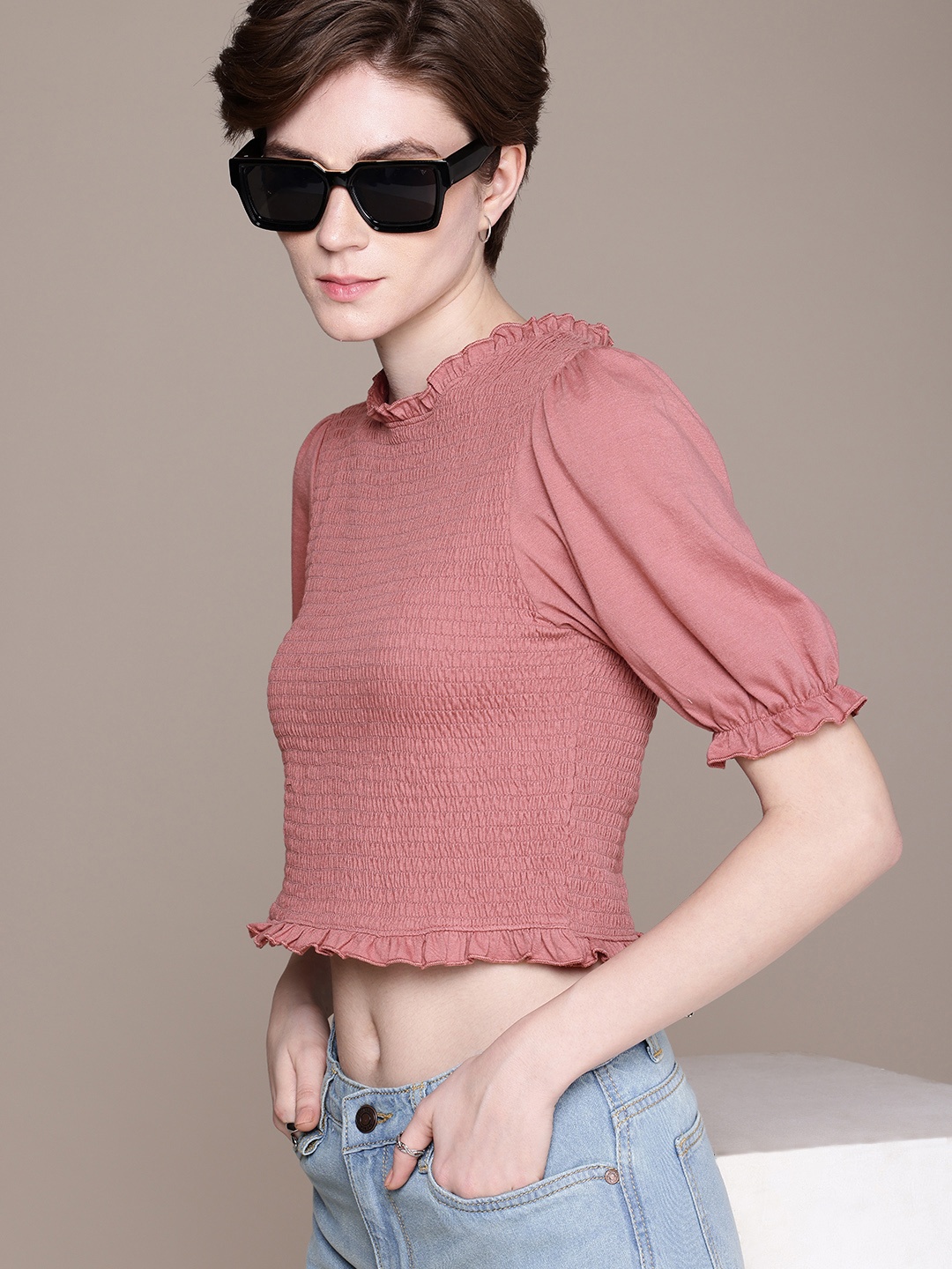 

The Roadster Life Co. Puff Sleeve Smocked Ruffled Crop Top, Rose