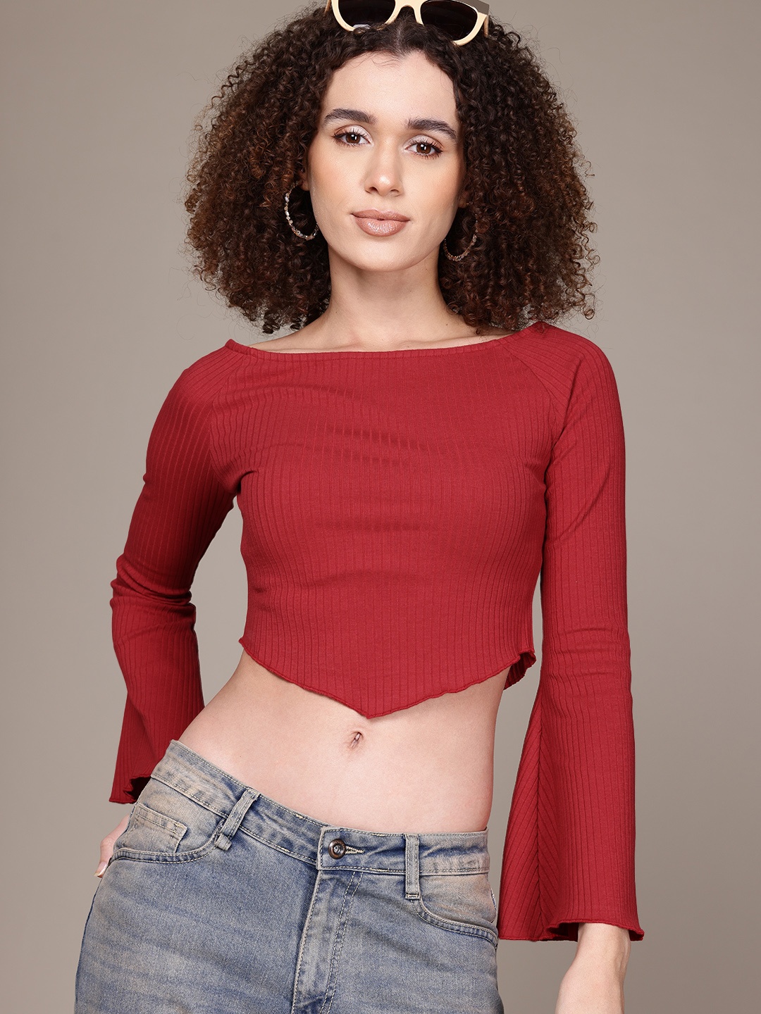 

The Roadster Lifestyle Co. Flared Sleeves Crop Top, Maroon