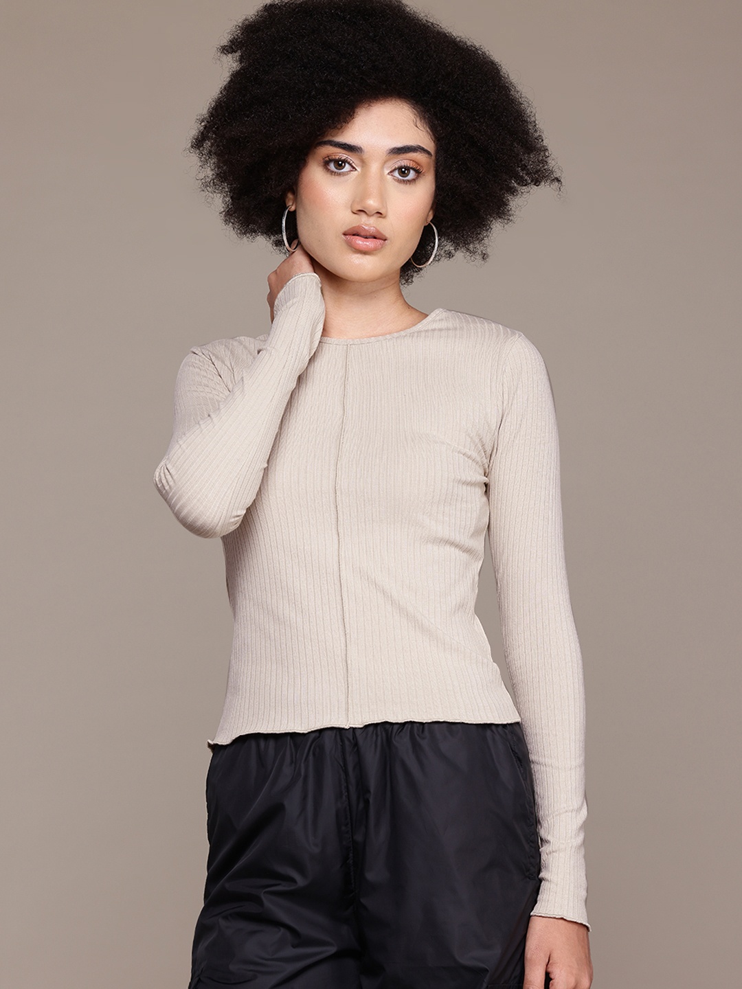 

The Roadster Lifestyle Co. Full Sleeves Ribbed Top, Beige