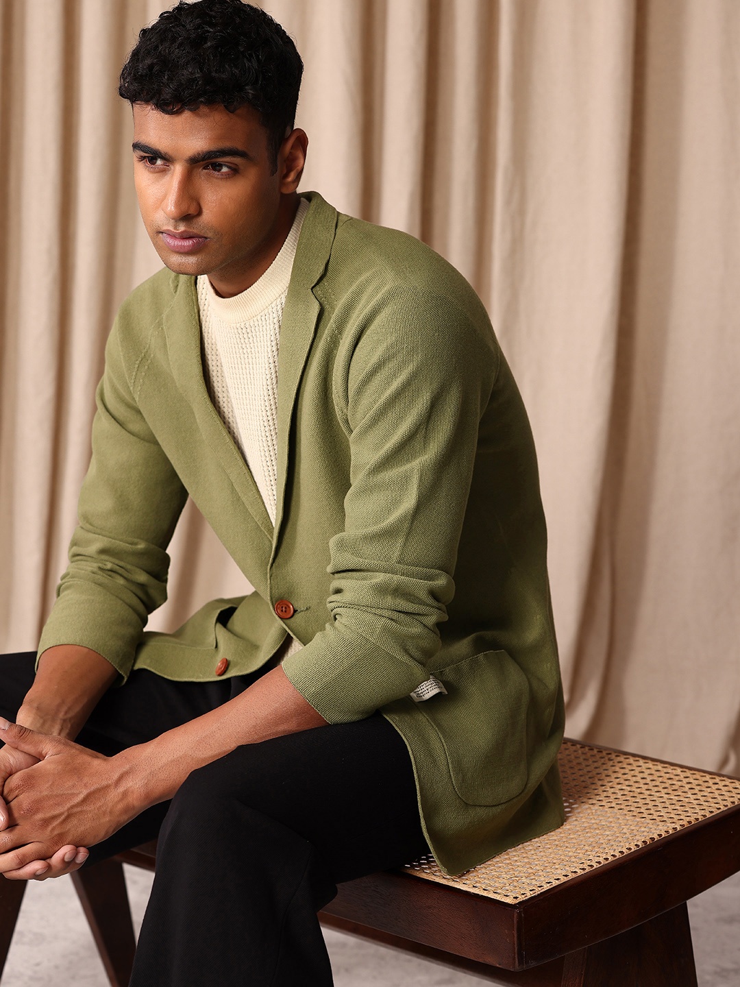

Mr Bowerbird Self Design Tailored Fit Single-Breasted Casual Blazer, Olive